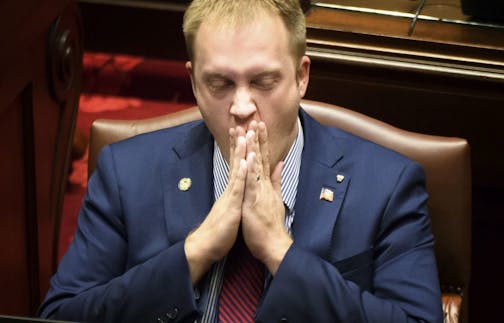 Senator Justin Eichorn, (R-Grand Rapids) yawns early in the morning as the Senate neared its special session adjournment deadline with major bills unresolved on Wednesday, May 24, 2017 in St. Paul, Minn. The Minnesota Legislature blew past a self-imposed 7 a.m. Wednesday deadline to finish work on a $46 billion budget. The House had several major votes remaining, and the Senate hadn�t taken any votes overnight as hope evaporated for a tidy wrapup to the five-month session.