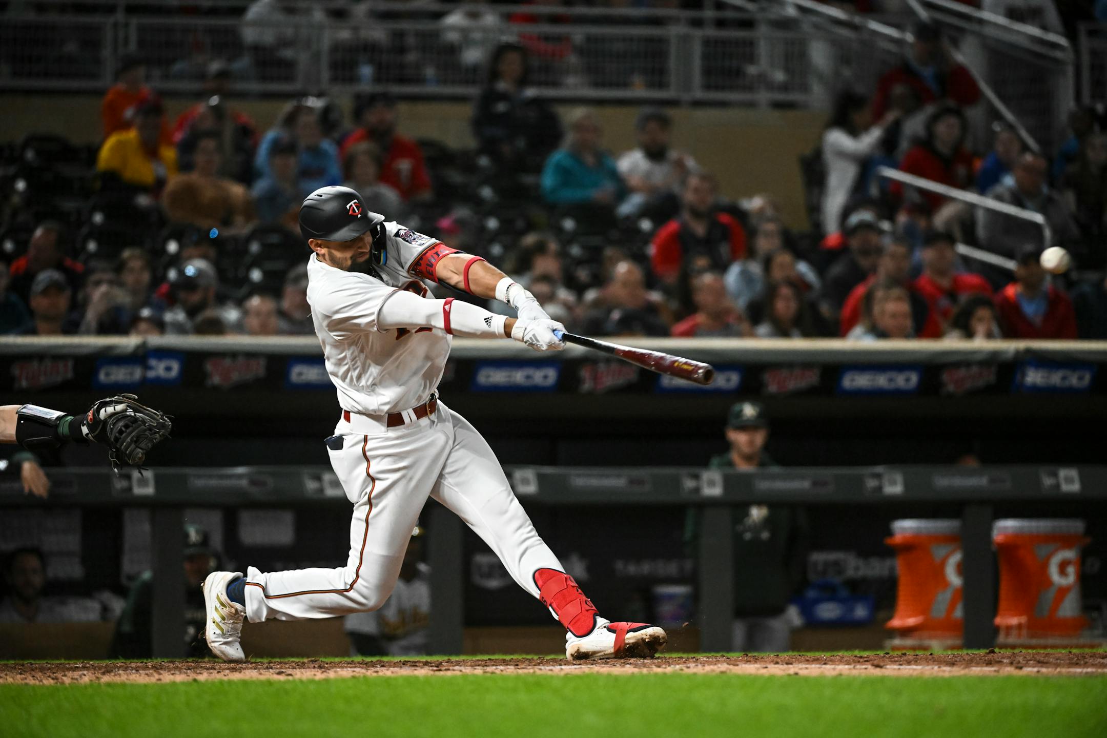 Minnesota Twins shortstop Royce Lewis (23) singles for his first career hit in the bottom of the 8th inning.