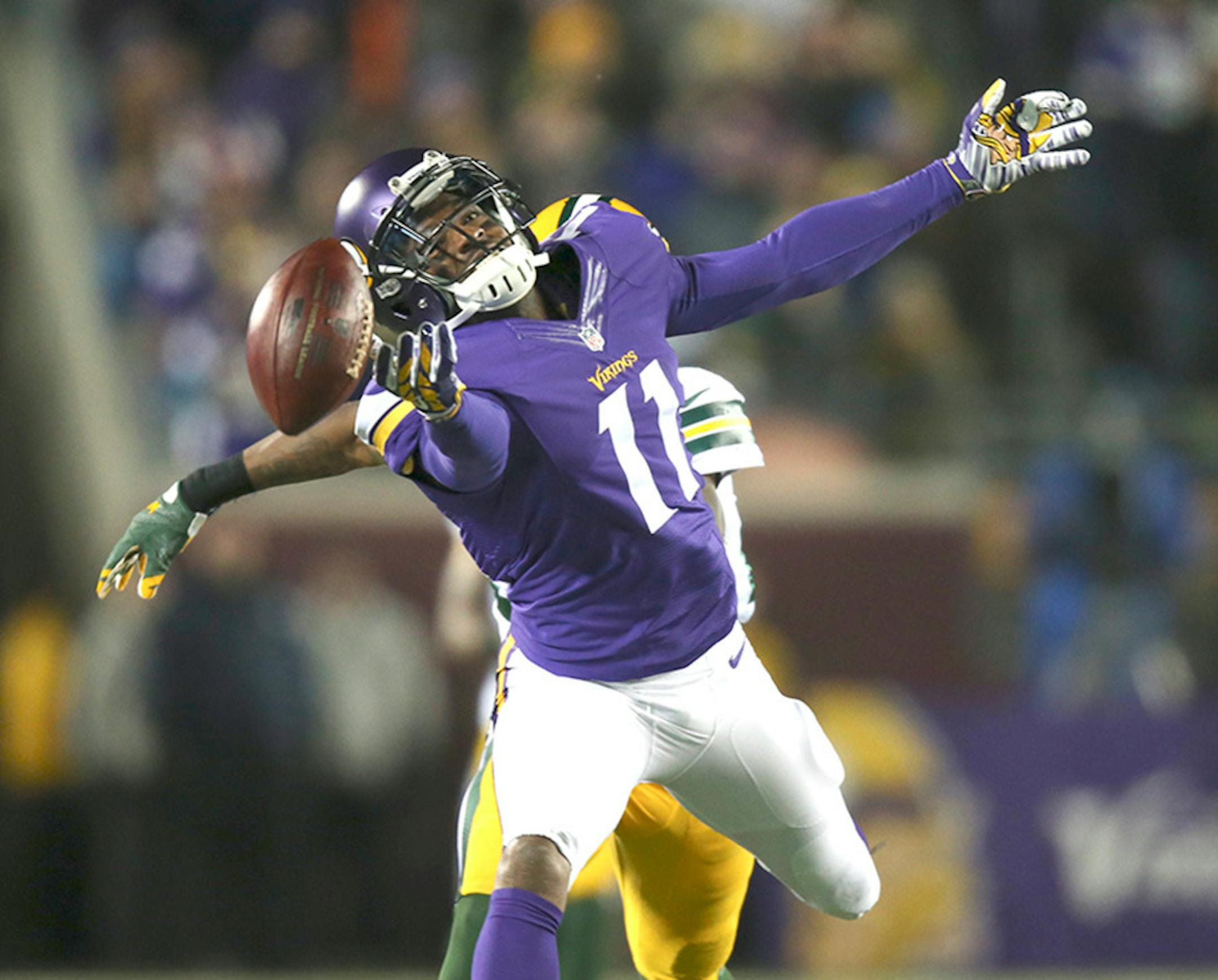 A fourth quarter pass to Vikings wide receiver Mike Wallace (11) was just off his finger tips Sunday afternoon.