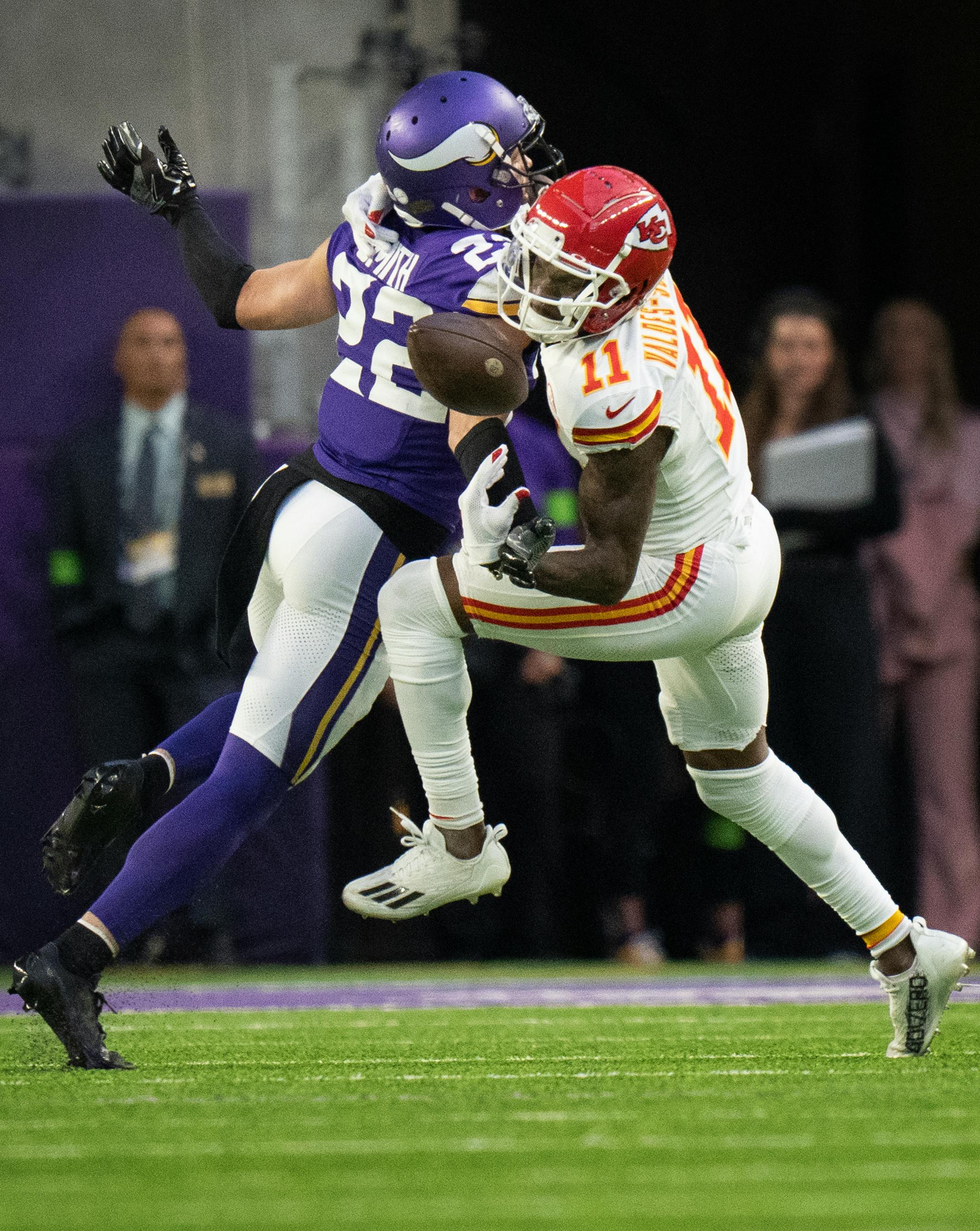 Minnesota Vikings safety Harrison Smith (22) was called for pass interference has he collides with Kansas City Chiefs wide receiver Marquez Valdes-Scantling (11) in the third quarter.