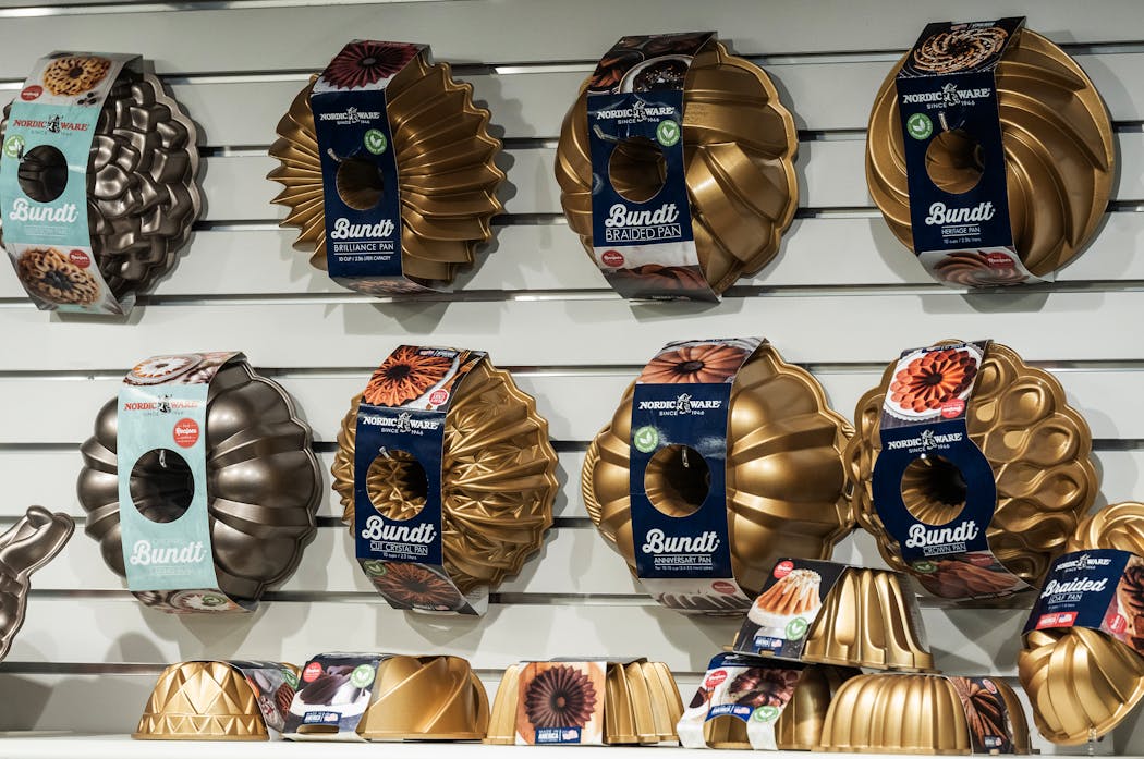 An array of Bundt pans hang on the walls of Nordic Ware's store in St. Louis Park.
