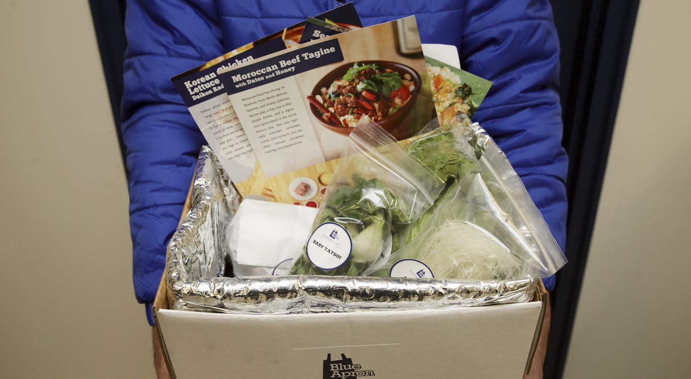 FILE &#xf3; A Blue Apron box at the company&#xed;s warehouse in Brooklyn, Jan. 12, 2013. The Trump administration compared its proposed &#xec;Harvest Box&#xee; for food stamp recipients to the selections sent out by Blue Apron. (Hiroko Masuike/The New Yor