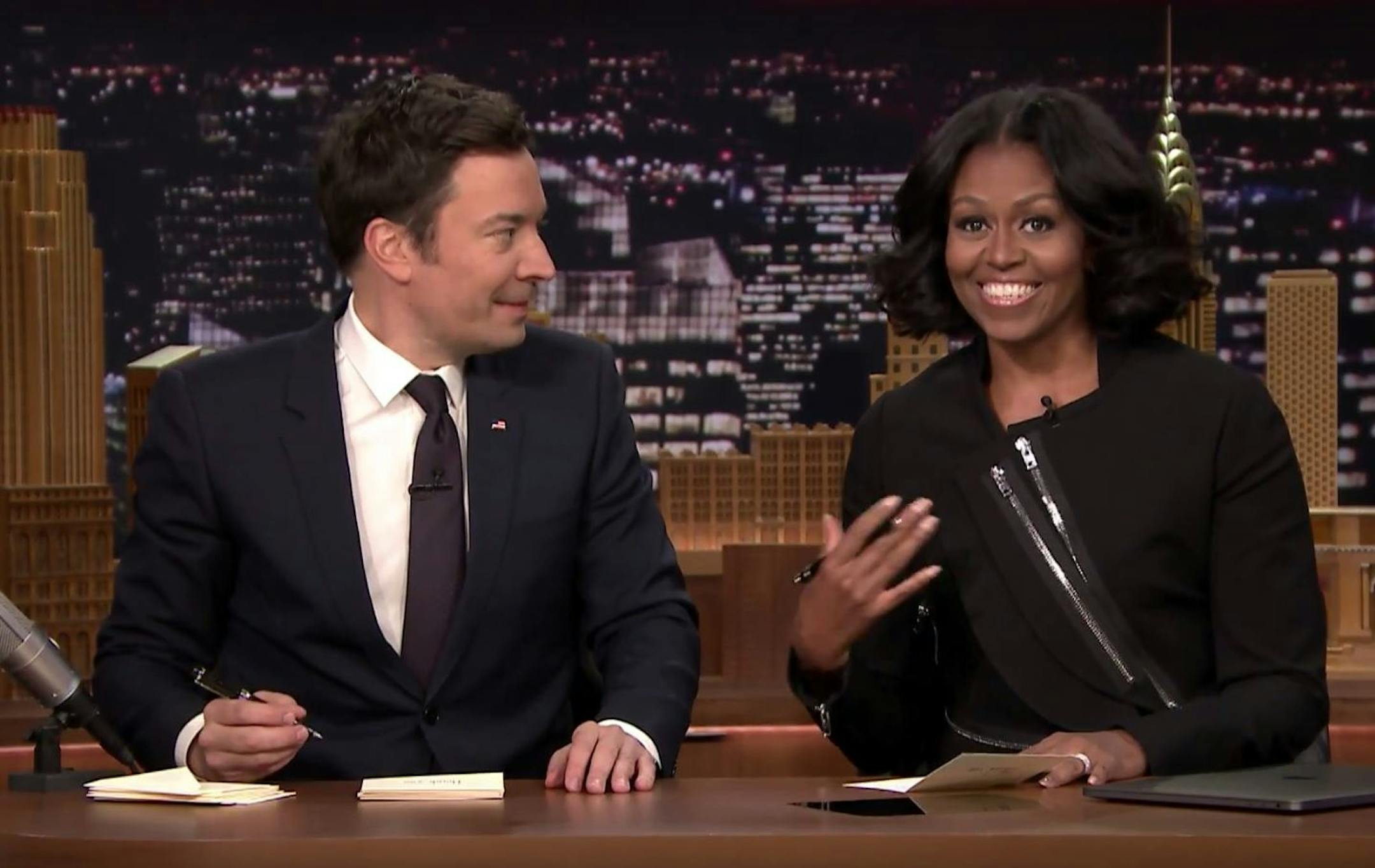 Michelle Obama appears with Jimmy Fallon for a "Thank You Notes" segment.