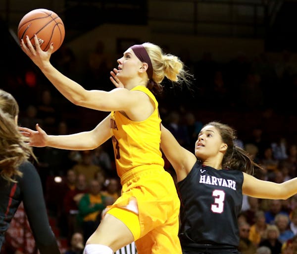The University of Minnesota's Carlie Wagner (33) drives to the basket against Harvard's Katie Benzan (3) for two of her game high 27 points during the