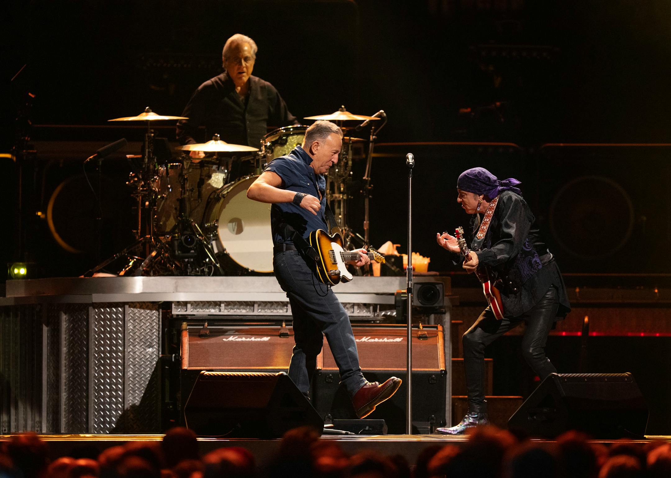 Bruce Springsteen with guitarist Steven Van Zandt and drummer Max Weinberg early in their set