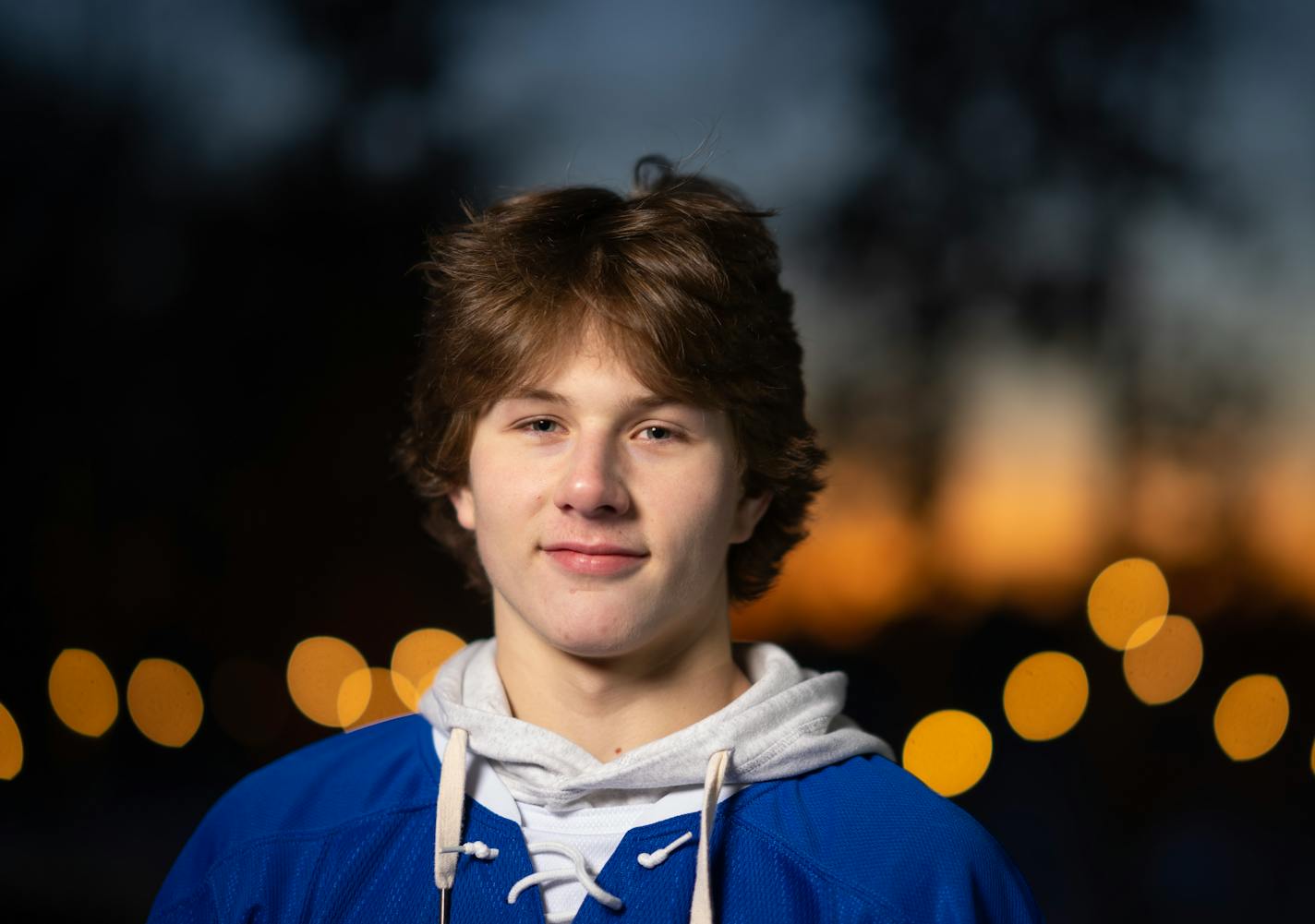 Defenseman John Stout of Minnetonka High School, a selection for the Star Tribune's All Metro First Team, photographed Sunday evening, February 5, 2023 on the backyard rink of Tom Schoolmeesters in Circle Pines, Minn. ] JEFF WHEELER • jeff.wheeler@startribune.com