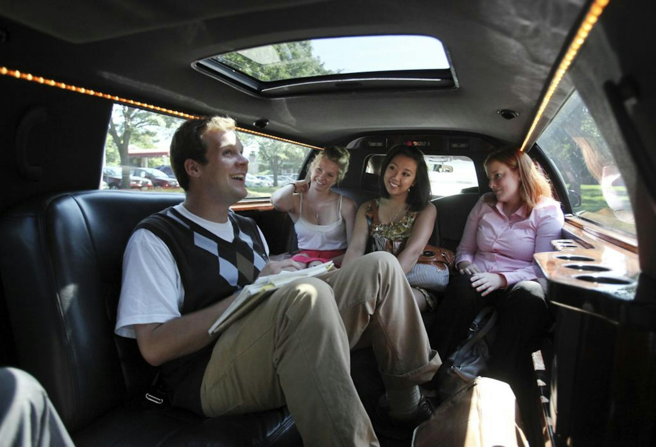 Jameson entertained guests Shannon Nelson, Trish Nguyen and Elizabeth Graft, his tour assistant, during the limo ride to the Walker Art Center on Thursday.