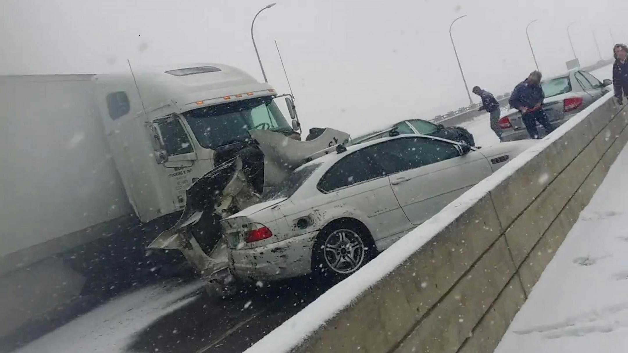 Many dozens of vehicles collided in a pileup that closed westbound Hwy. 55 over the Mendota Bridge for nearly two hours Monday afternoon amid snowy and icy conditions, authorities said.