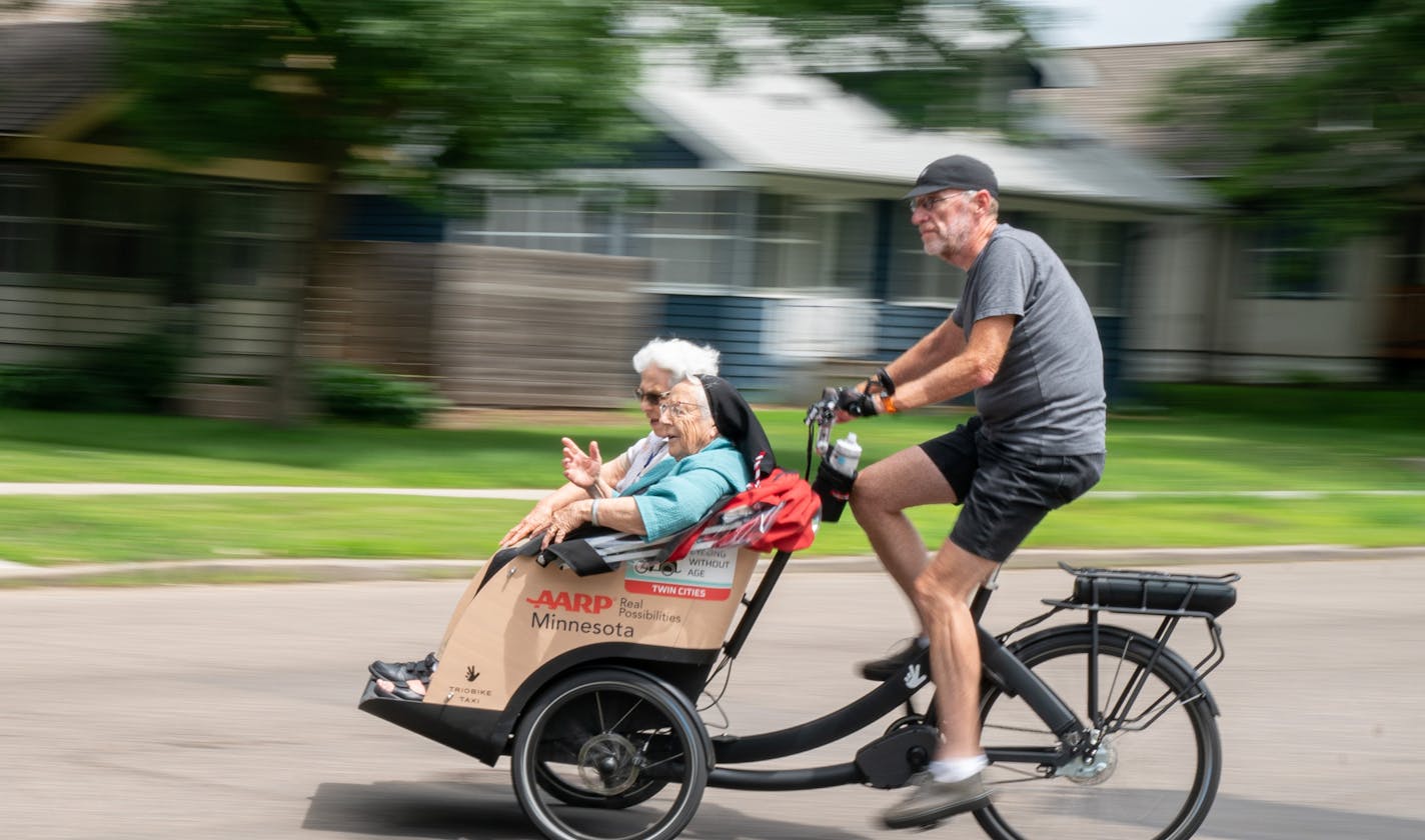 Tony Desnick of Cycling Without Age picked up Sister Susan Smith and Sister Rosalind Gefre for a ride from their home Carondelet Village, through St Catherine University, and around St. Paul. ] GLEN STUBBE &#x2022; glen.stubbe@startribune.com Friday, August 2, 2019 Across Minnesota, more nursing homes are starting a unique cycling program that aims to get seniors back on bikes even if they have limited mobility. The program, called Cycling Without Age, first started in Copenhagen and has spread