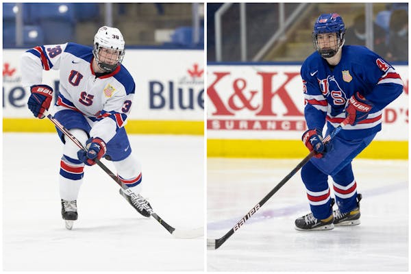 Logan Cooley (left) and Jimmy Snuggerud, both Gophers recruits and standouts in the USA Hockey National team Development Program, are projected to be 