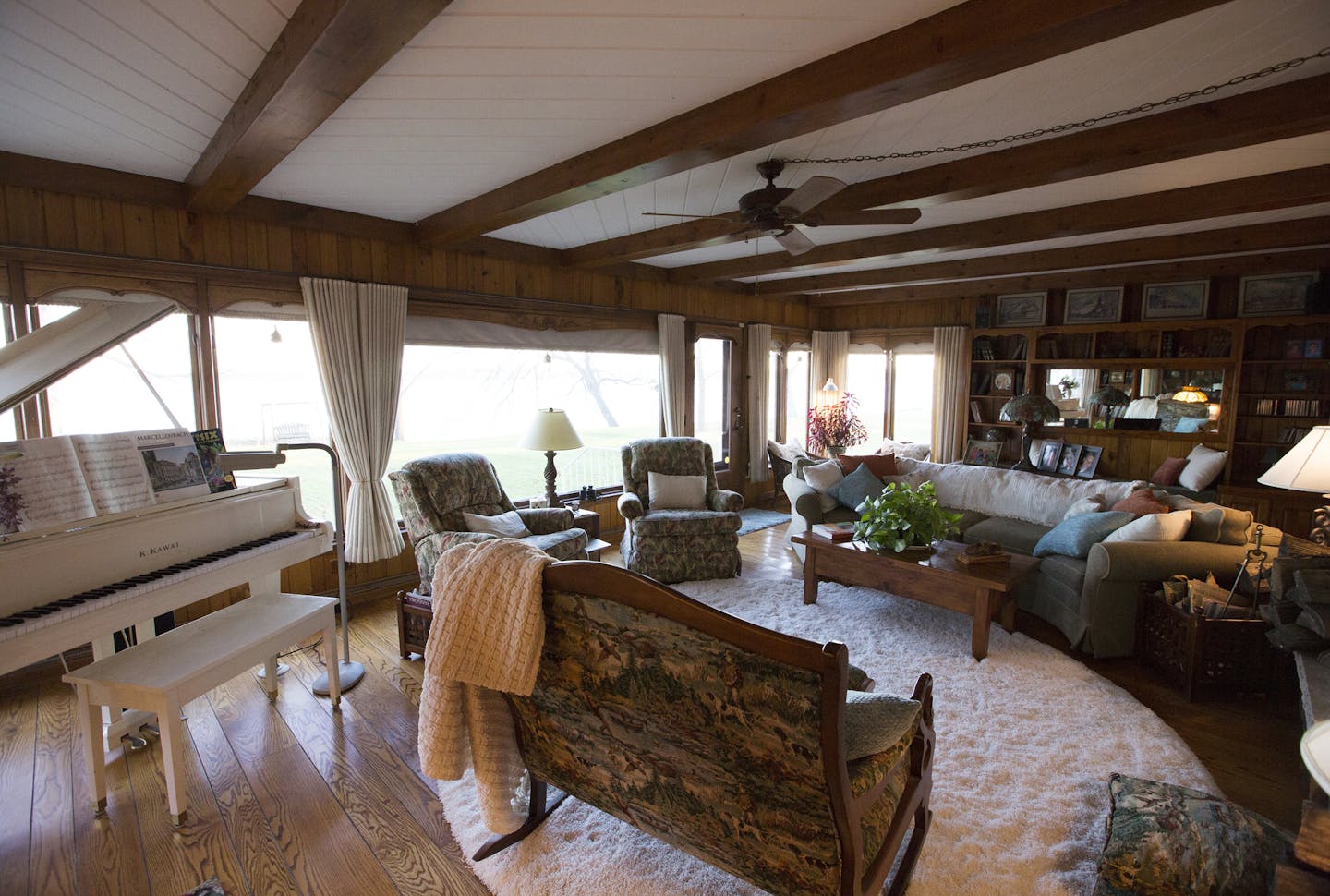 Nancy Edwards&#x2019; family room overlooks the lake. &#x201c;It&#x2019;s magical to sit in here at night with a fire and a glass of wine,&#x201d; she said.