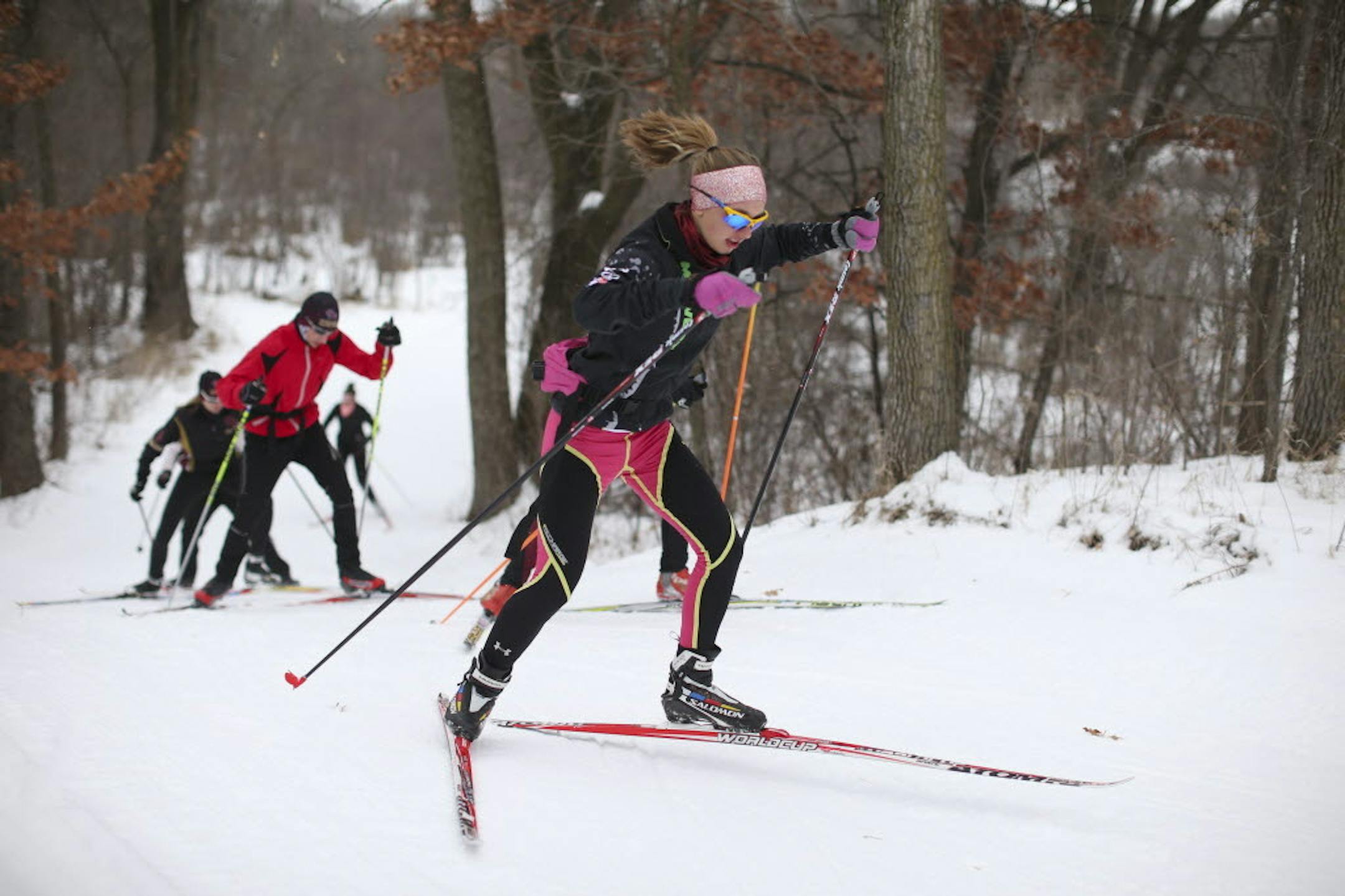 Mattie Watts, a junior at Irondale High School in New Brighton, sits atop the Nordic ski racing rankings for high school girls two weeks before the state meet. Photo by JEFF WHEELER • jwheeler@startribune.com
Mattie Watts worked out with the team after school last Wednesday on trails near the school.