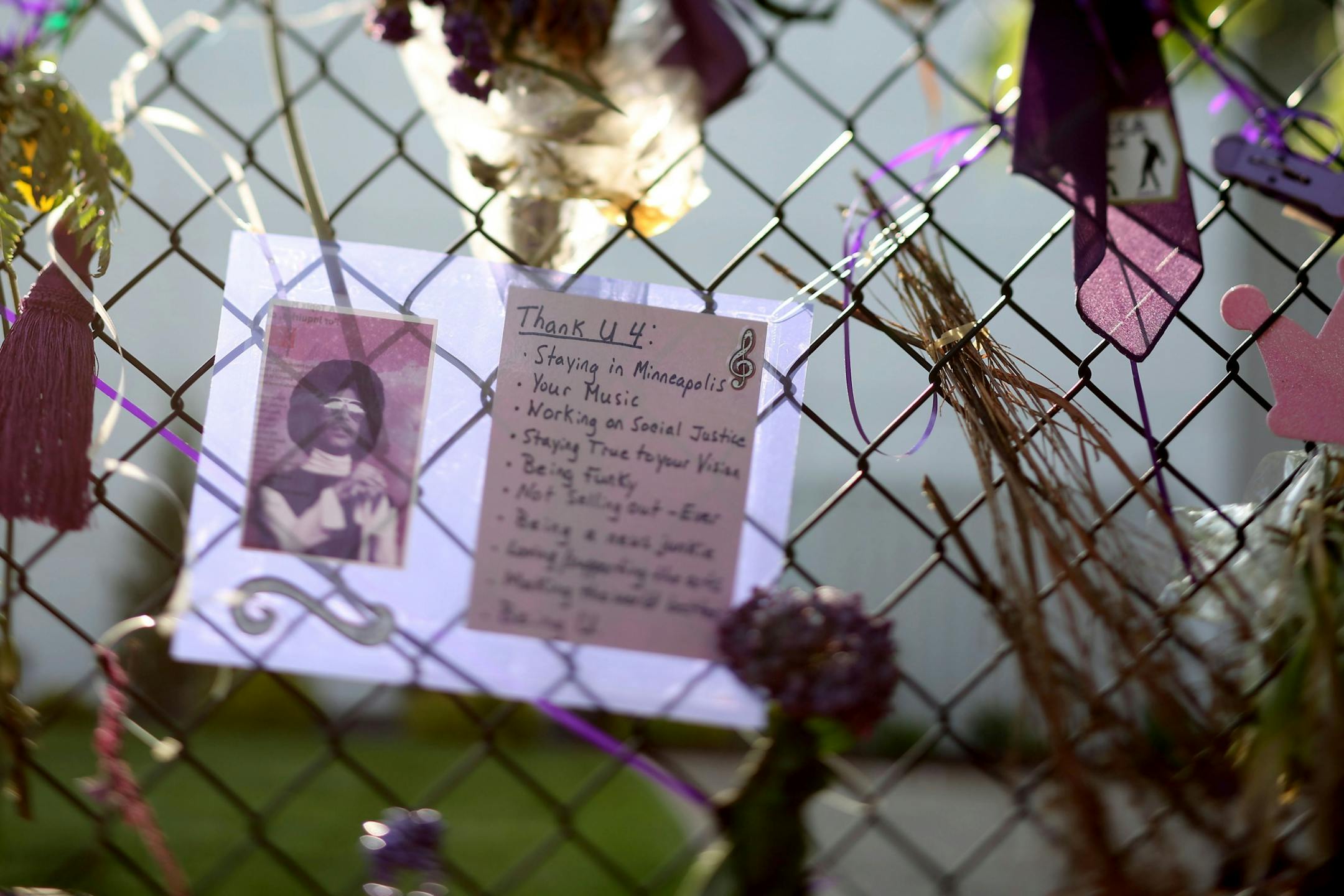 A memento from a Prince fan left outside by Paisley Park Monday, May 16, 2016, in Chanhassen, MN.