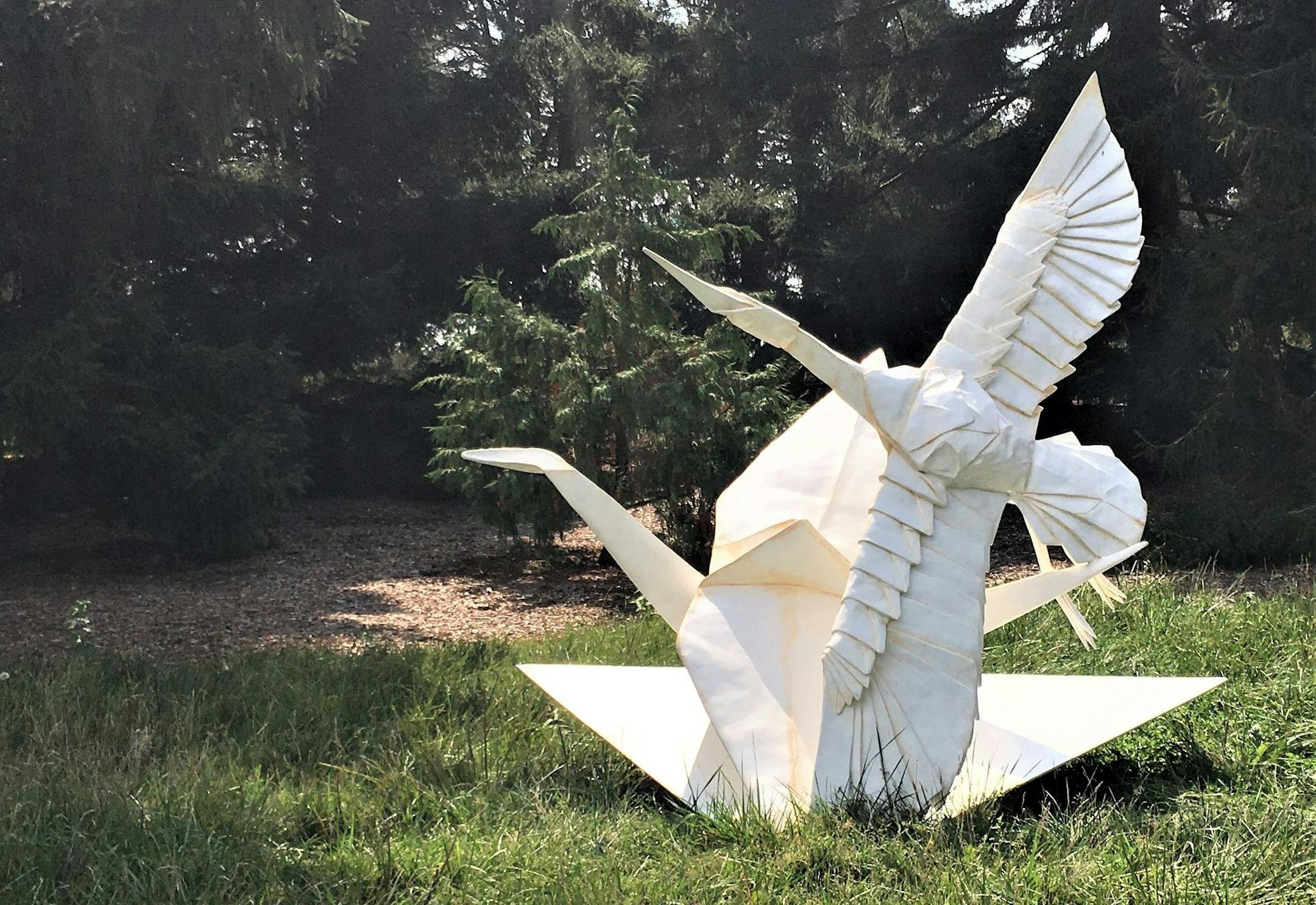 Origami-inspired metal sculptures by Kevin Box and Robert J. Lang take flight at the Minnesota Landscape Arboretum's new exhibit "Origami in the Garden."