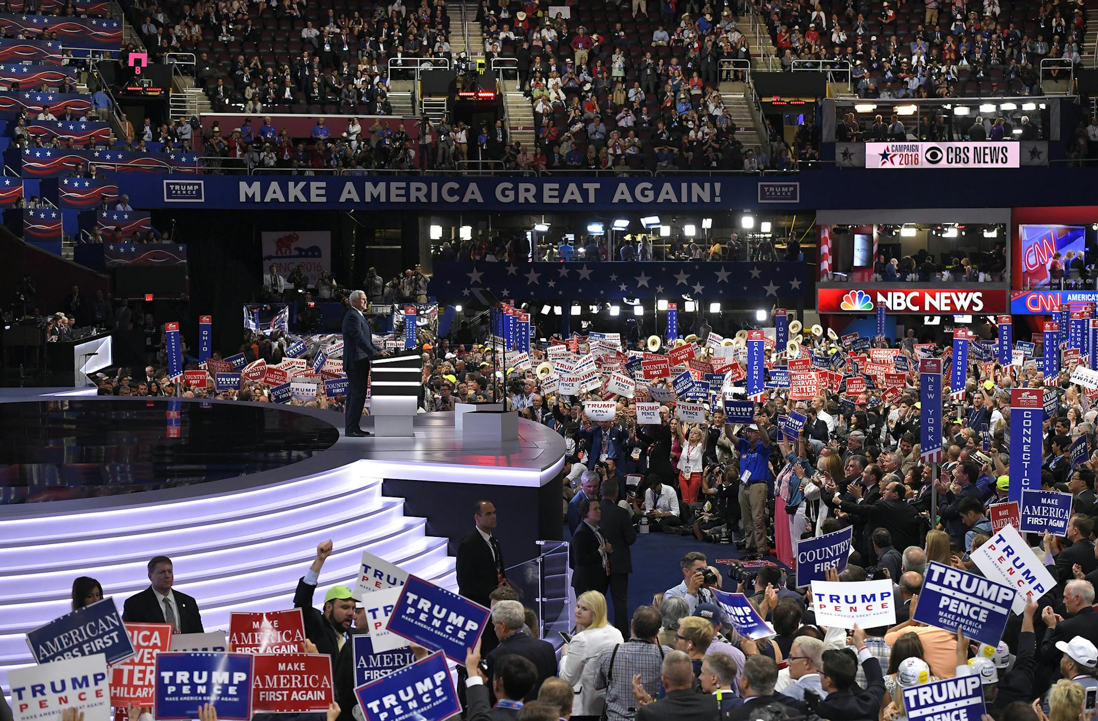 Republican Vice Presidential Nominee Gov. Mike Pence of Indiana speaks during the third day of the Republican National Convention in Cleveland, Wednesday, July 20, 2016. (AP Photo/Mark J. Terrill) ORG XMIT: MIN2016072111201905