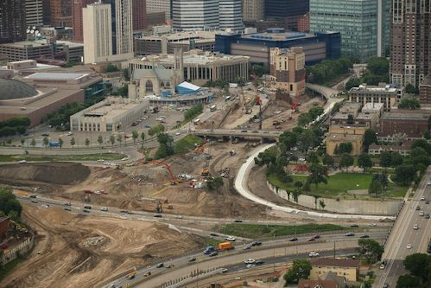 The hole where the downtown exit for I-35W and I-94 interchange will eventually be.