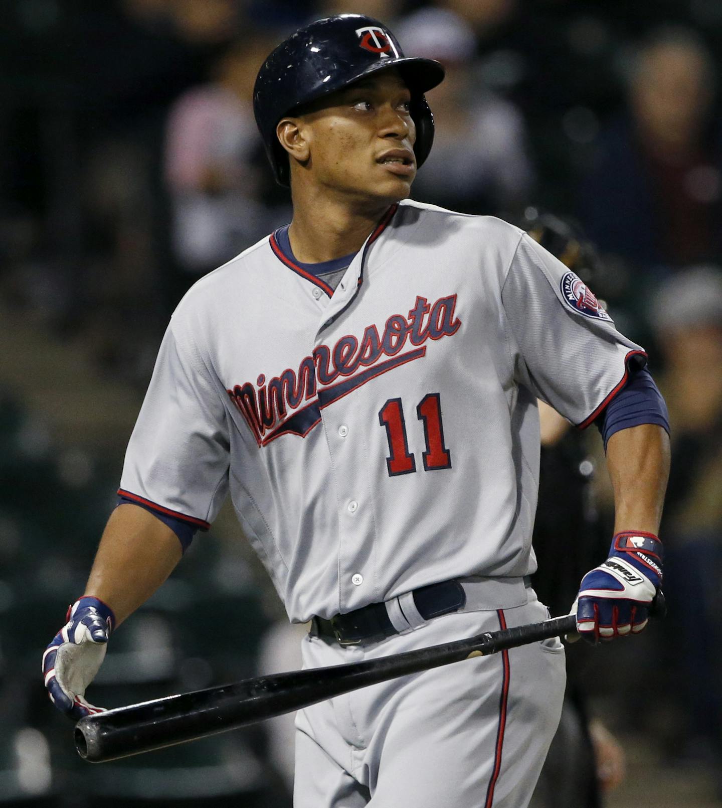 Minnesota Twins' Jorge Polanco looks to Chicago White Sox starter Carlos Rodon after striking out swinging during the first inning of a baseball game Friday, Sept. 30, 2016, in Chicago. (AP Photo/Nam Y. Huh)