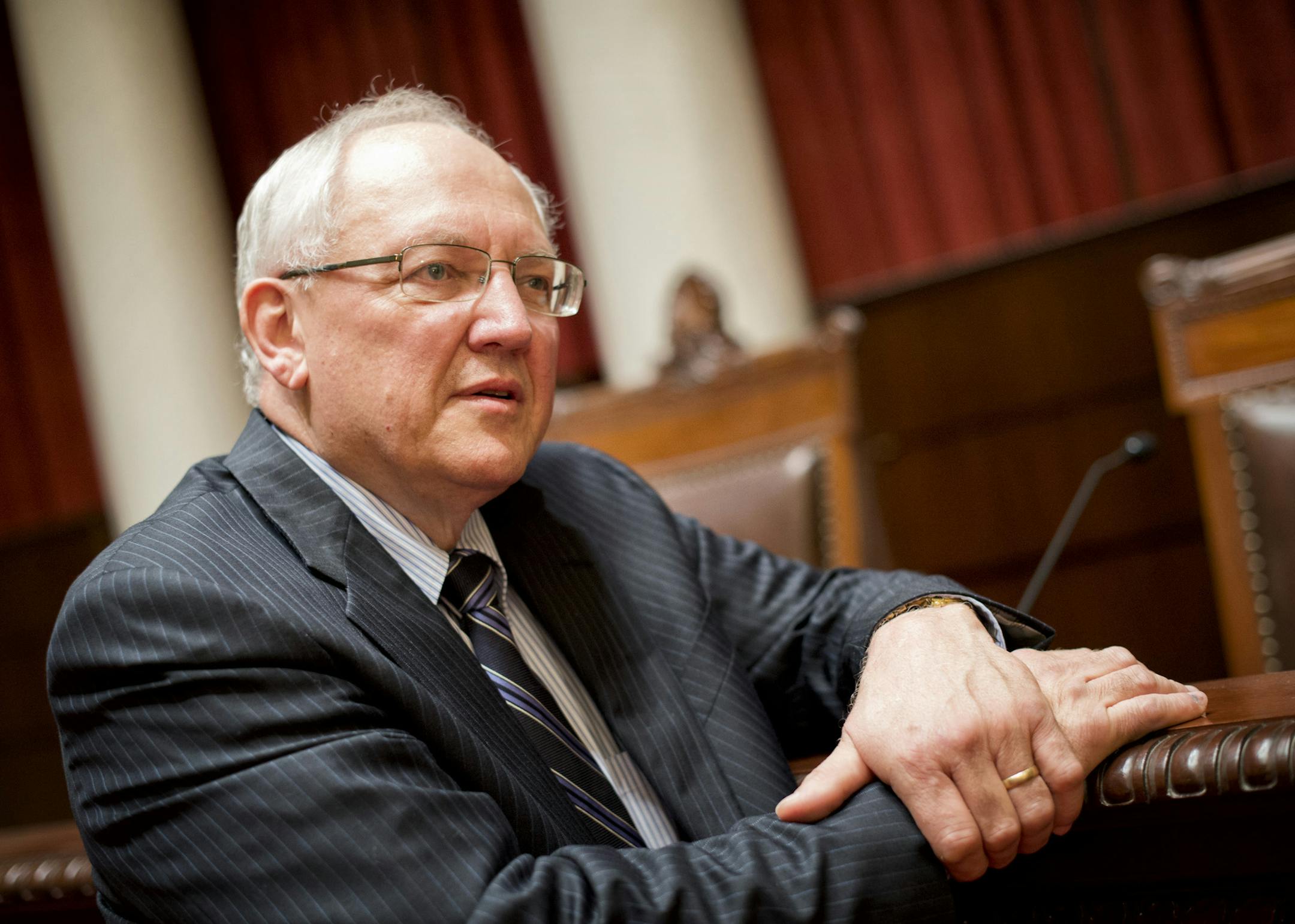 Retiring Supreme Court Justice Paul Anderson came to the Supreme Court chambers in the Capitol to have his portrait taken but couldn't resist talking to this group of school kids from Forest Lake on the importance of the legislative branch of government. He asked if they thought he was perfect and got a resounding "no" and said thats why we need seven justices on the court, because each brings a different point of view. Thursday, May 30, 2013 ] GLEN STUBBE * gstubbe@startribune.com ORG XMIT: MIN