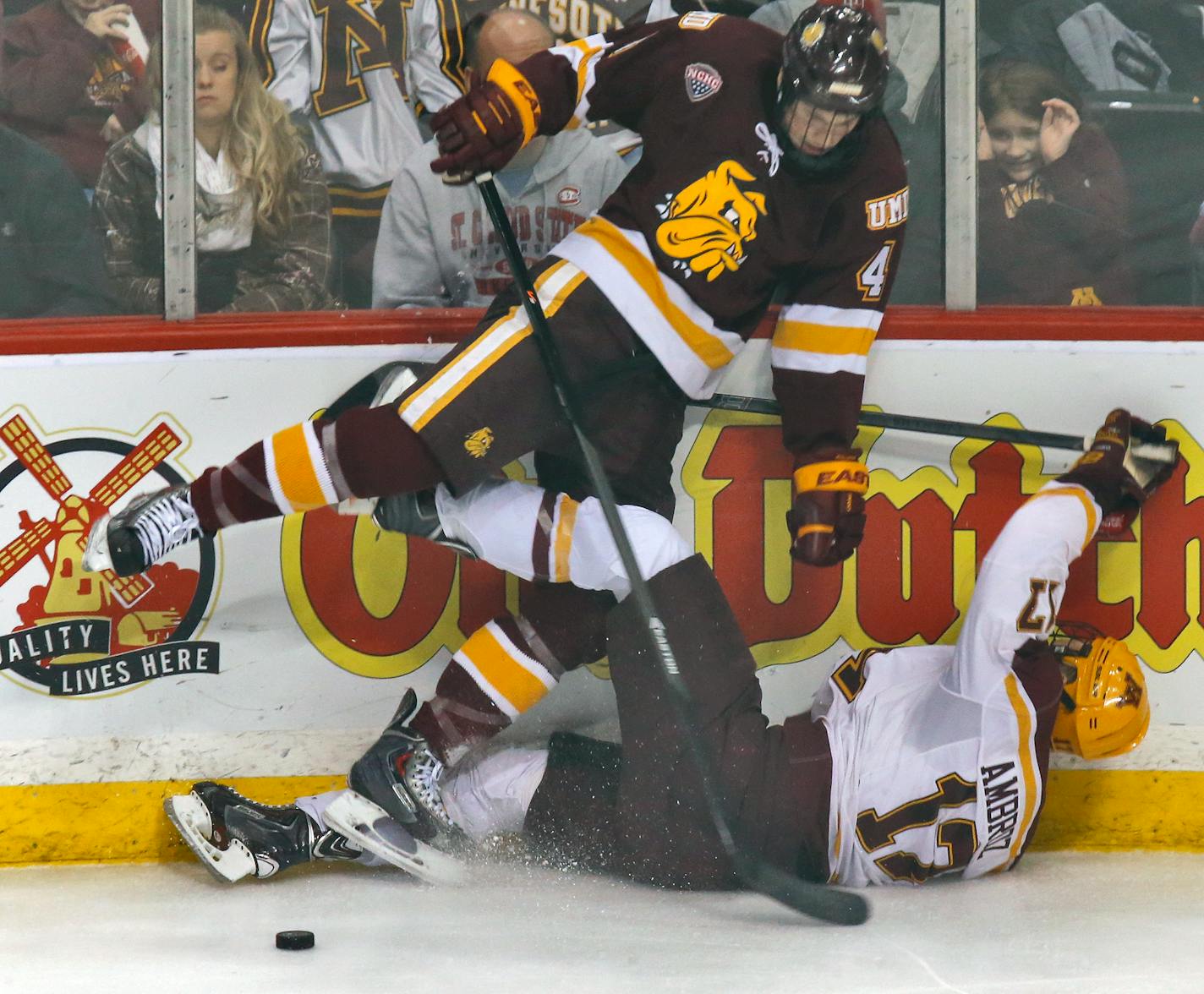 Carson Soucy delivered a hit on the Gophers' Seth Ambroz during a college game in 2014.