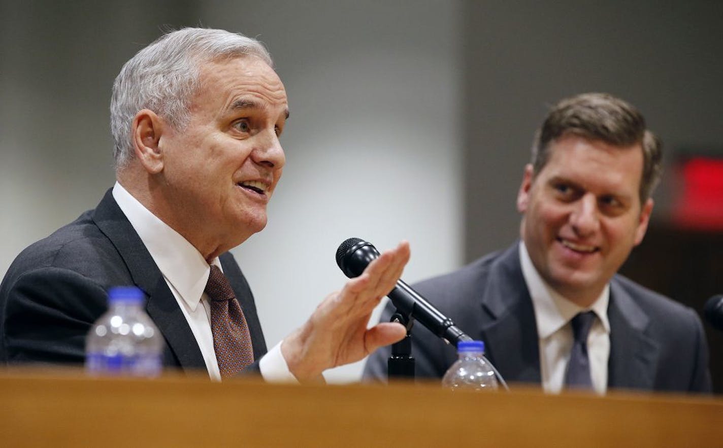 At the Senate Building at the State Capitol in St. Paul, governor Mark Dayton and House speaker Kurt Daudt agreed to disagree while addressing budget issues during a conference call with reporters about the upcoming legislature.