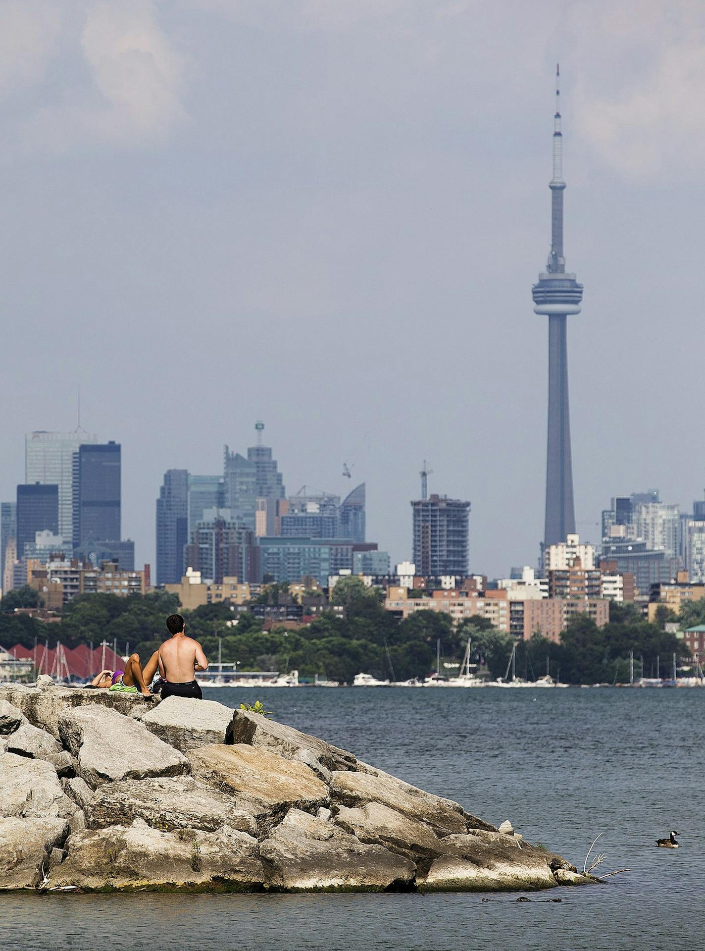 Kayleigh McKellar and her best friend Rafal Kucio bask in the sun backdropped by the city skyline as temperatures soar on in Toronto on Wednesday, July 17, 2013. (AP Photo/The Canadian Press, Michelle Siu) ORG XMIT: CPOTK