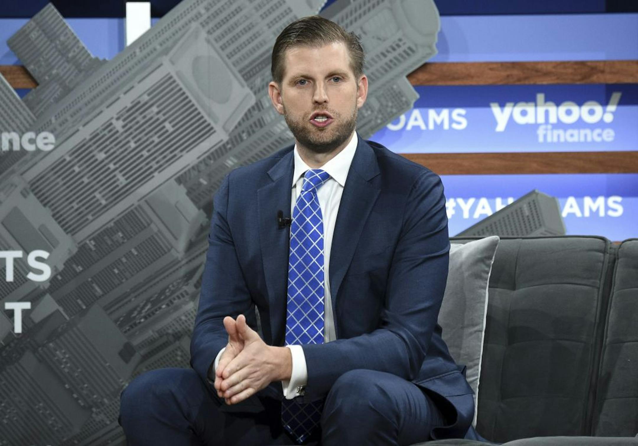 FIL- In this Oct. 10, 2019 file photo, Trump Organization executive vice president Eric Trump participates in the Yahoo Finance All Markets Summit at Union West in New York. Trump is scheduled to speak via video on Monday, Oct. 5, 2020, with New York state investigators probing his family's business practices, according to court papers filed Friday, Oct. 3.