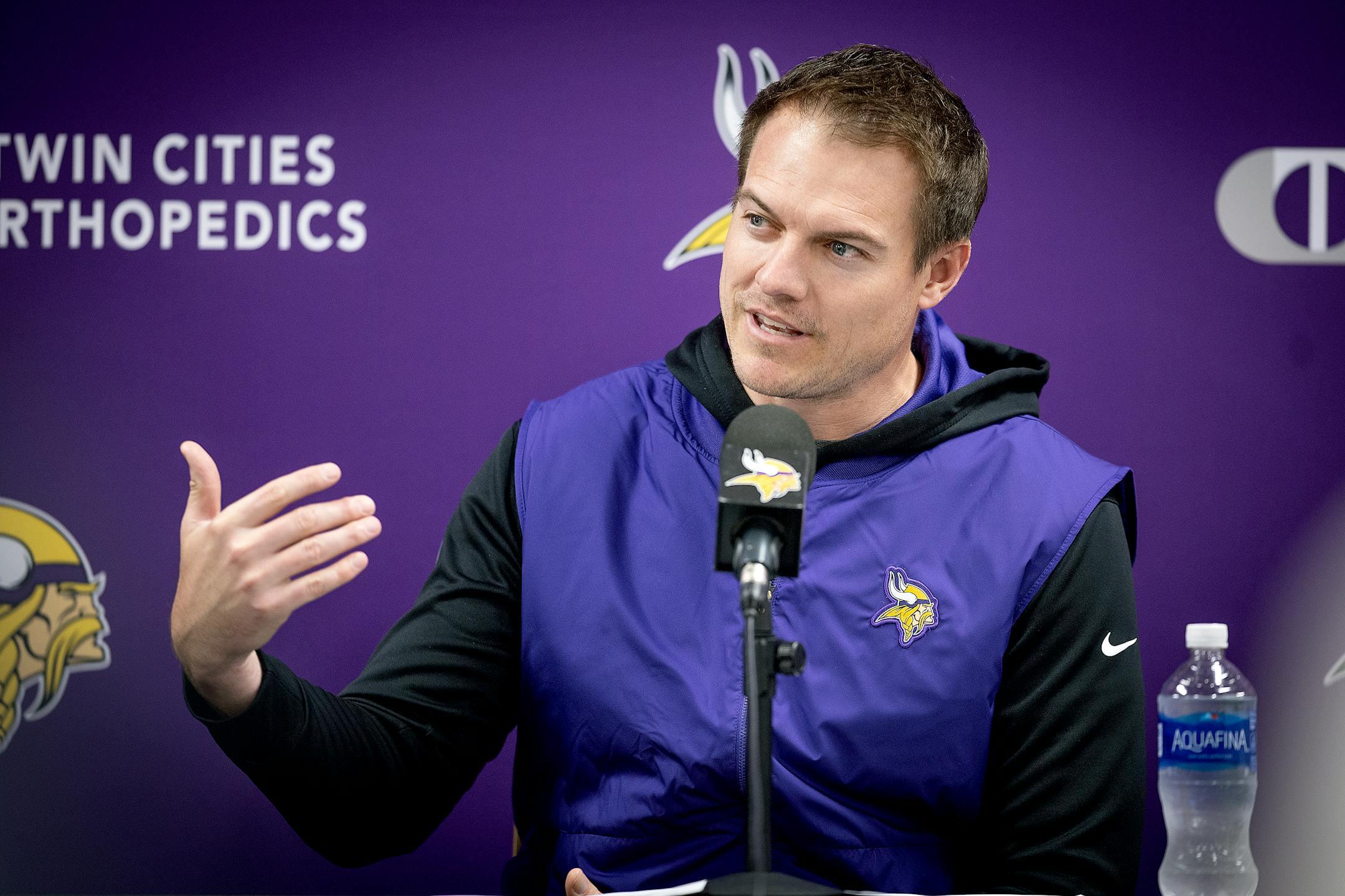Vikings Head Coach Kevin O'Connell addresses the media at the TCO Performance Center in Eagan.