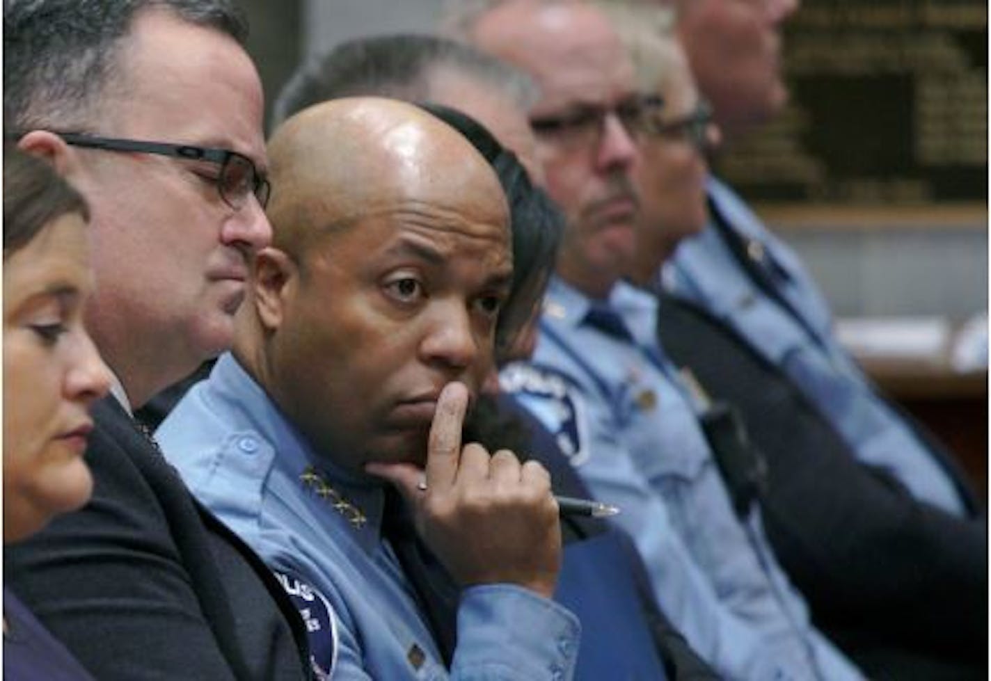 Minneapolis Police Chief Medaria Arradondo listened to concerns presented at a meeting at City Hall on Feb. 6.