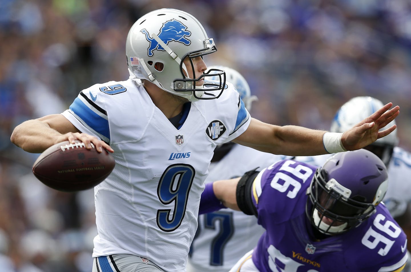 Lions quarterback Matthew Stafford was pressured by Brian Robison during their Week 2 matchup.