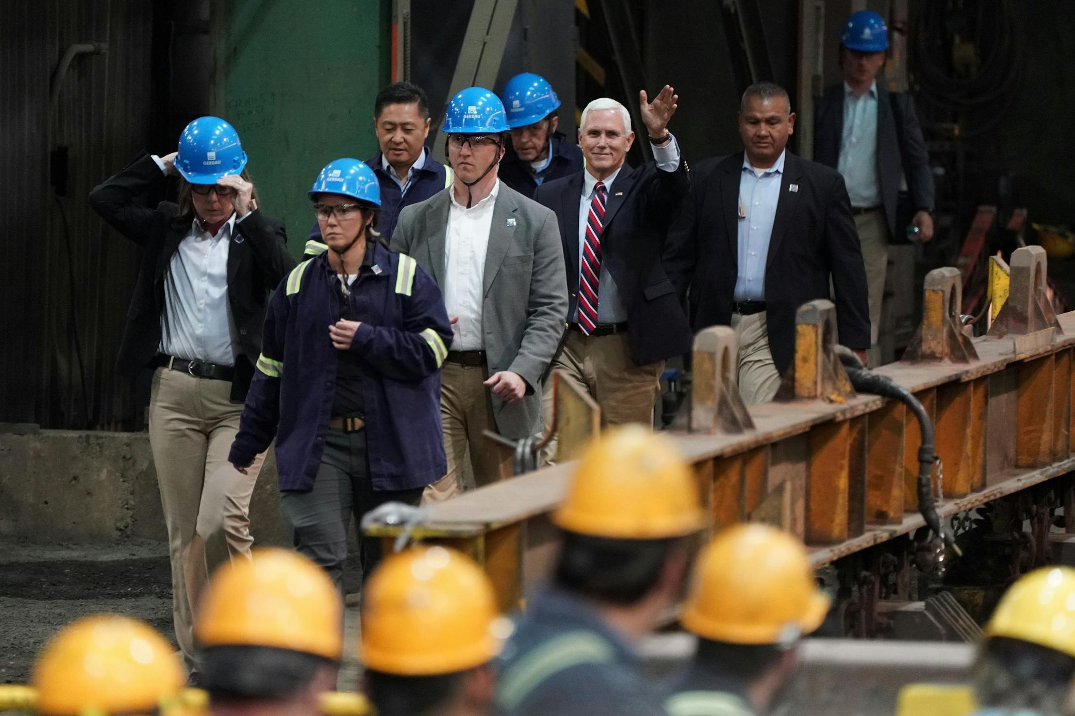 Vice President Mike Pence arrived to give a speech urging support for President Donald Trump's proposed replacement for the North American Free Trade Agreement at Gerdau Ameristeel Thursday.