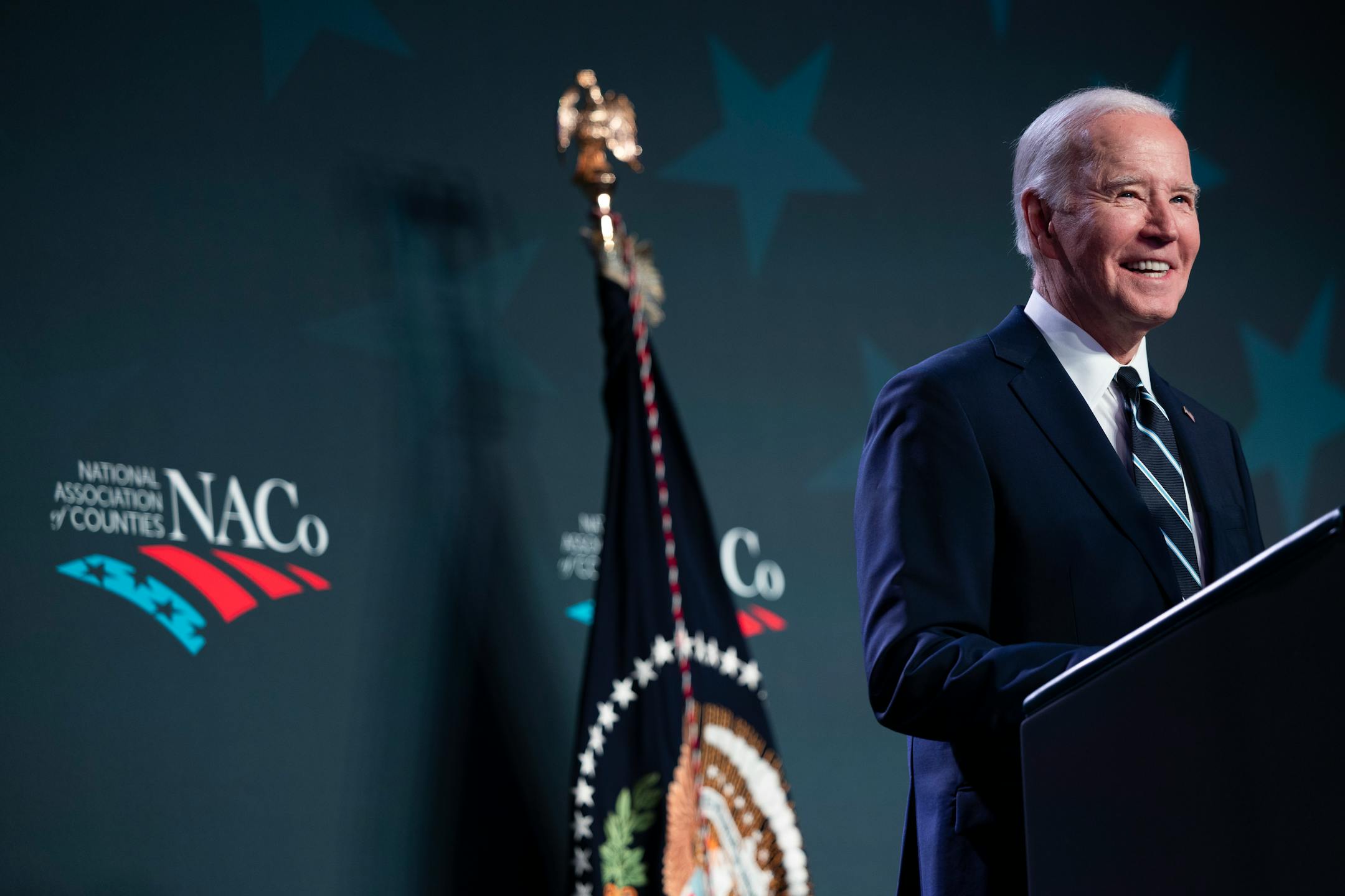 President Joe Biden delivers remarks during the National Association of Counties Legislative Conference at the Washington Hilton hotel in Washington, Monday, Feb. 12, 2024.