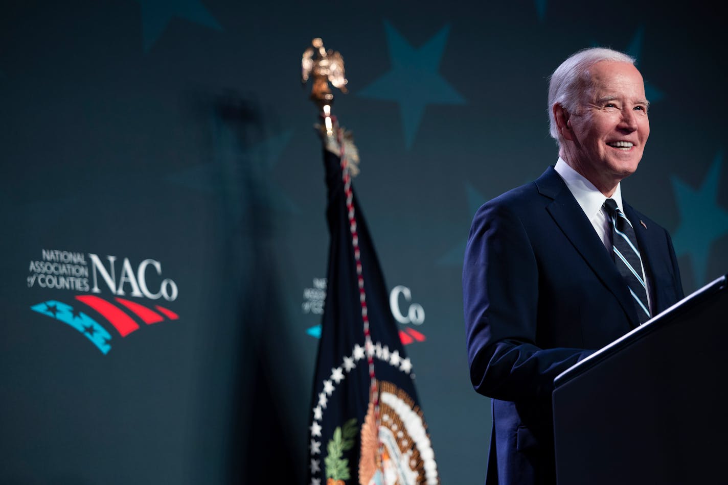 President Joe Biden delivers remarks during the National Association of Counties Legislative Conference at the Washington Hilton hotel in Washington, Monday, Feb. 12, 2024.