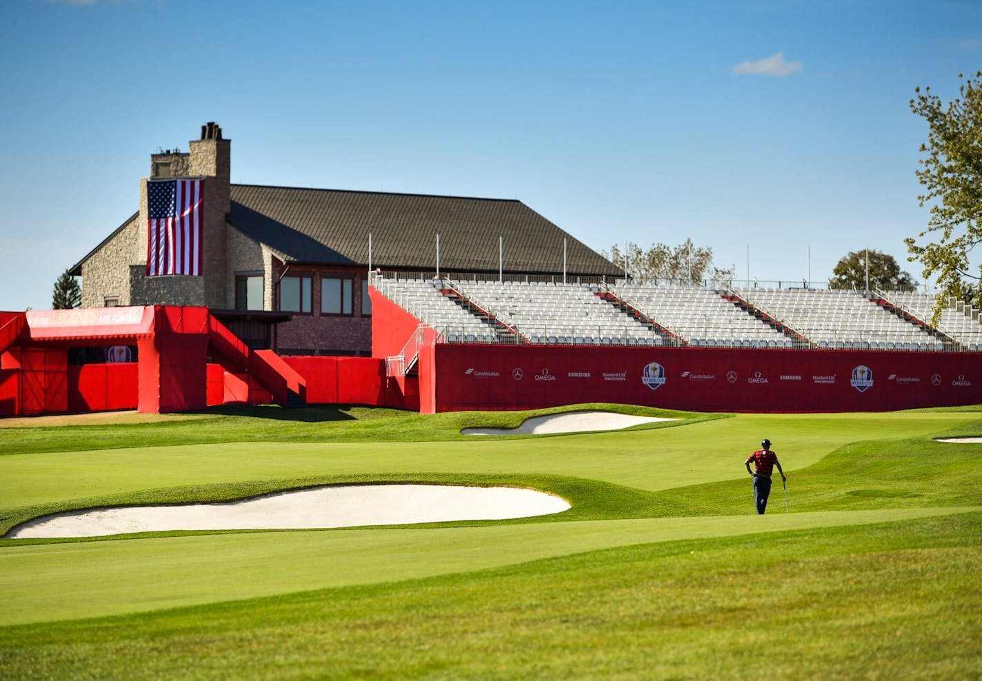 A lone golfer on the once chaotic 18th hole. ] GLEN STUBBE * gstubbe@startribune.com Monday, October 3, 2016 The day after the event you've spent two years planning for. What does taking down look like at a major golf tournament? The Ryder Cup finished yesterday, teardown starts today and will take months.