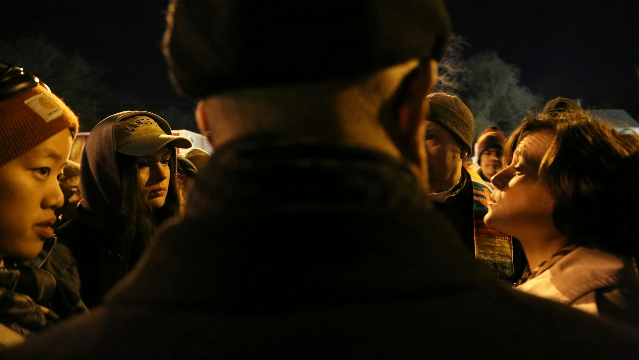 Minneapolis Mayor Betsy Hodges got peppered with questions from protestors about police violence. ] (KYNDELL HARKNESS/STAR TRIBUNE) kyndell.harkness@startribune.com Protesters in front of Minneapolis Fourth Precinct in Minneapolis Min., Thursday November 19, 2015. ORG XMIT: MIN1511192119441166