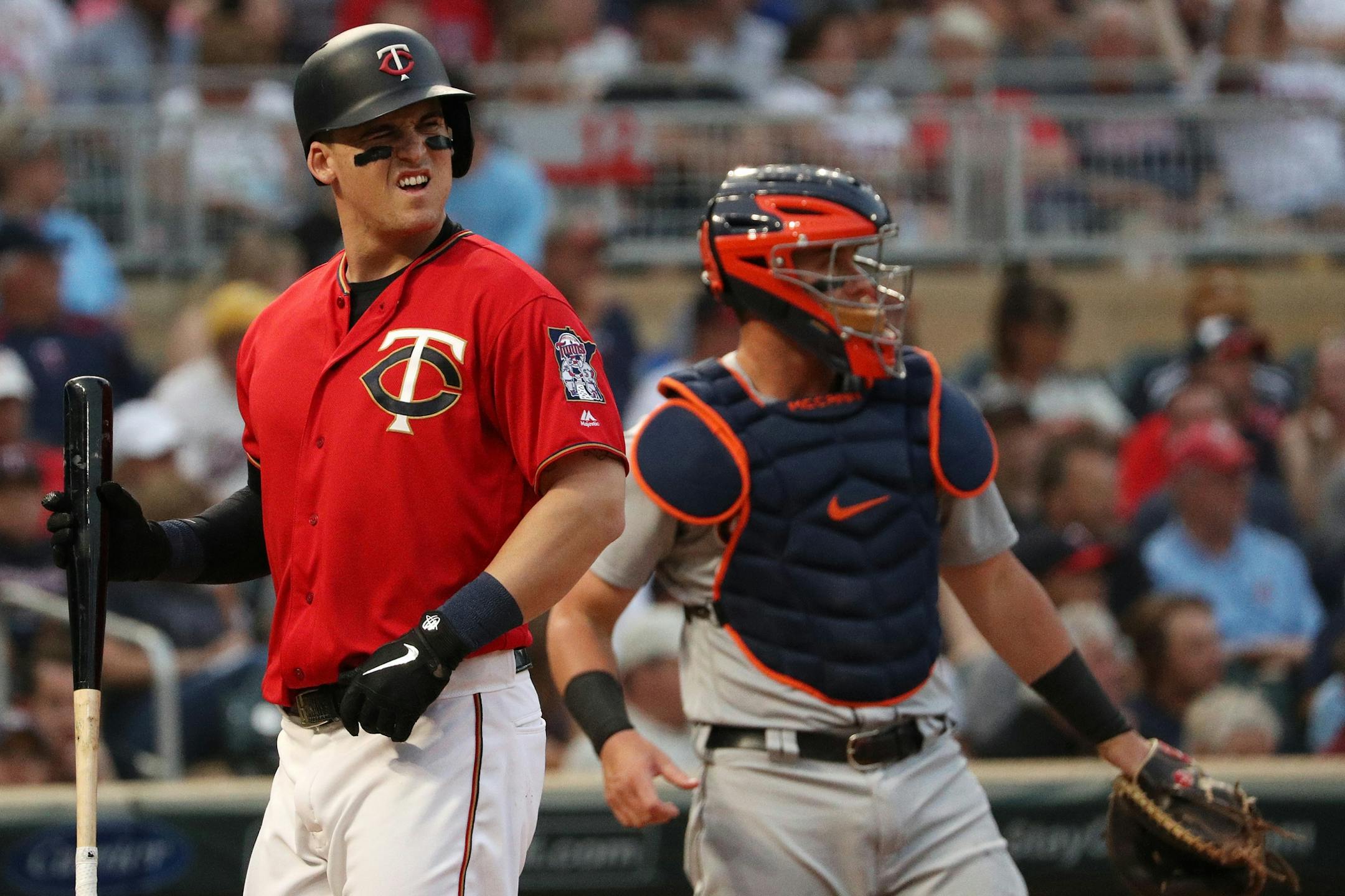 Tyler Austin looks to the mound after striking out in the second inning against the Tigers last week. Twice in the past 10 days, Chris Austin compared his son to Bird on Twitter, and Tyler wishes he hadn't.