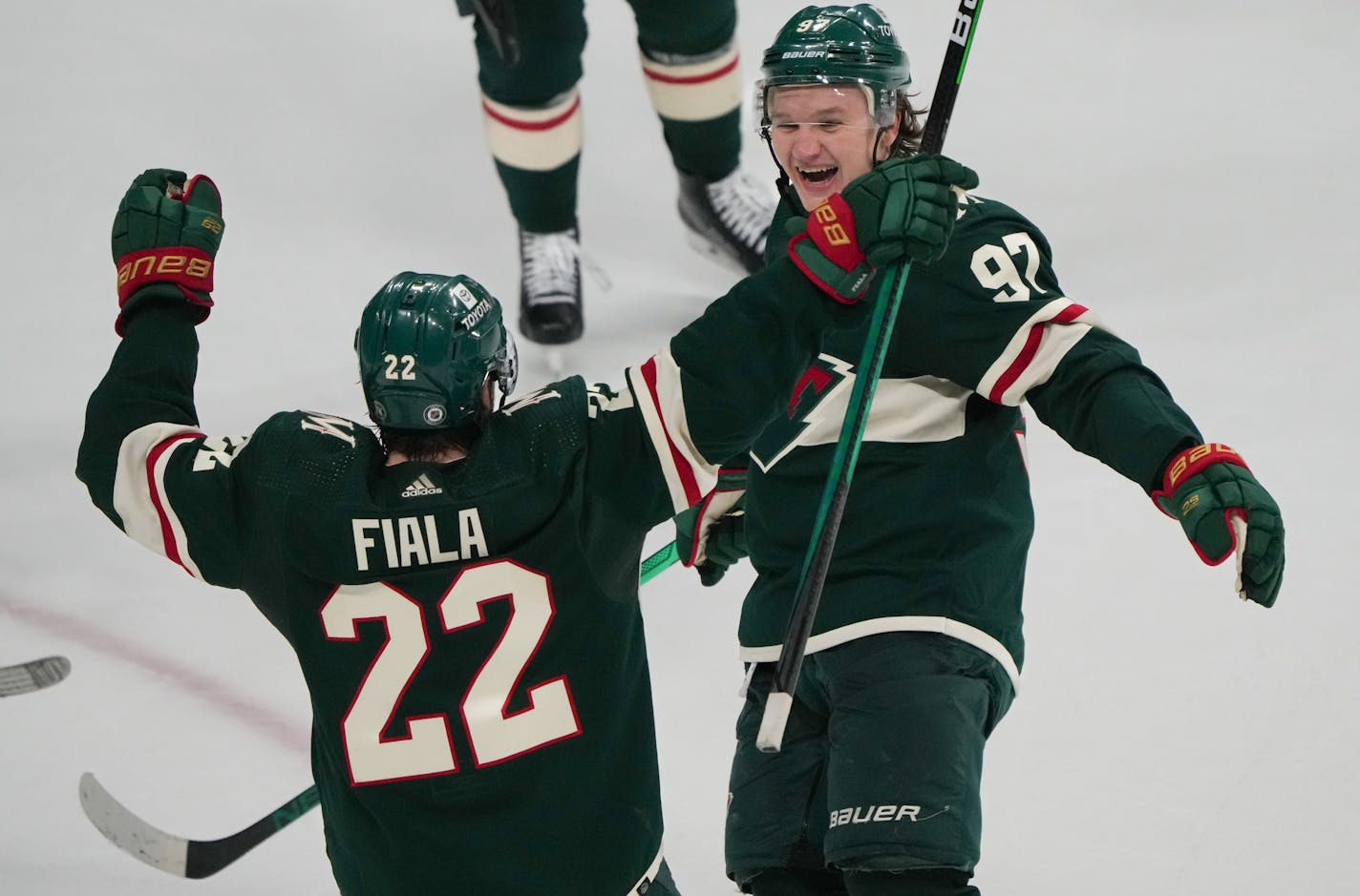 Minnesota Wild left wing Kirill Kaprizov (97) celebrates scoring the game winning point in a power play overtime. The Minnesota Wild hosted the Calgary Flames at the Xcel Energy Center on Thursday, April 28, 2022 in St. Paul, Minn. ] RENEE JONES SCHNEIDER • renee.jones@startribune.com