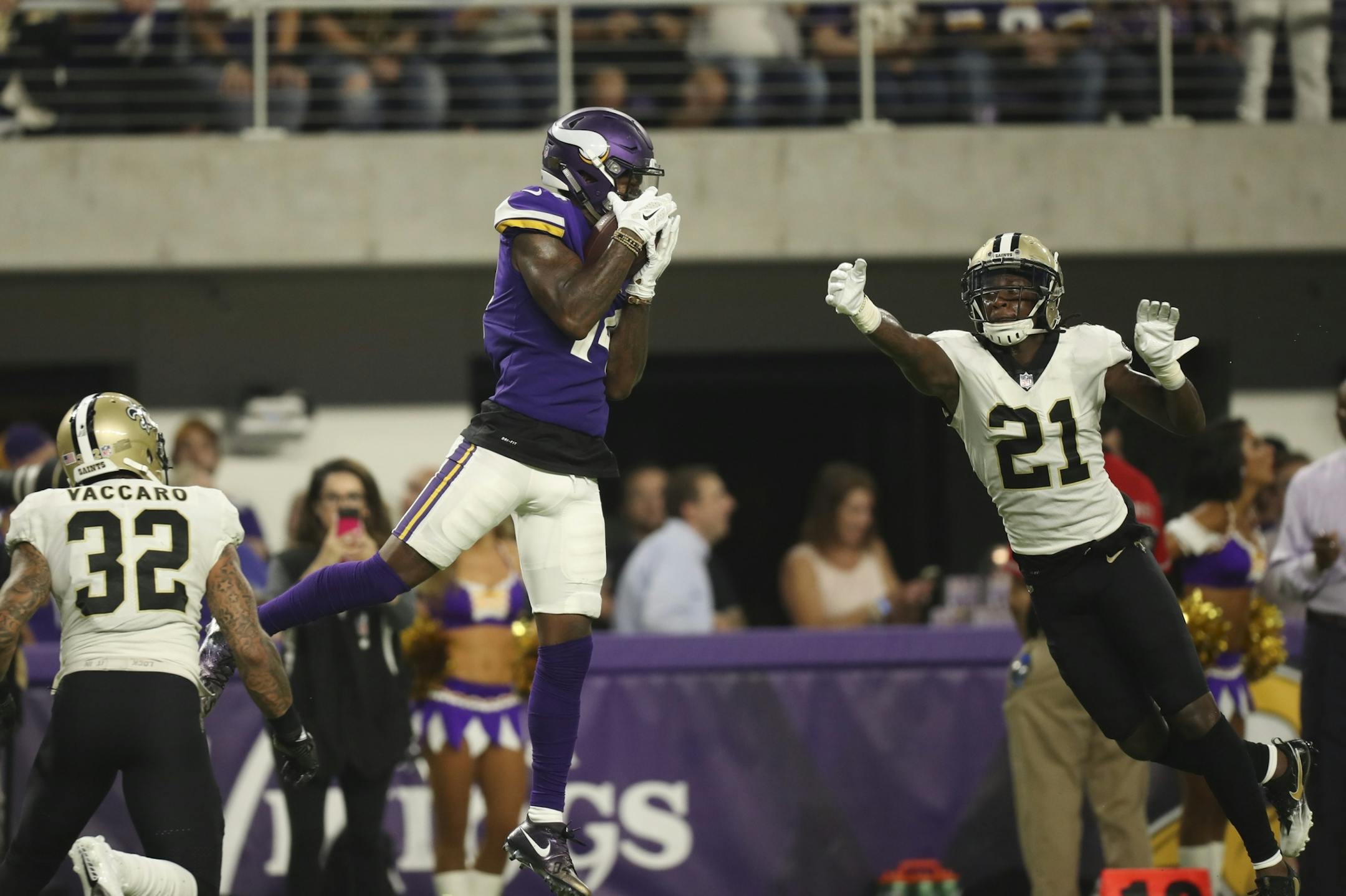 Minnesota Vikings wide receiver Stefon Diggs (14) set up a second quarter touchdown with a 20 yard pass reception.