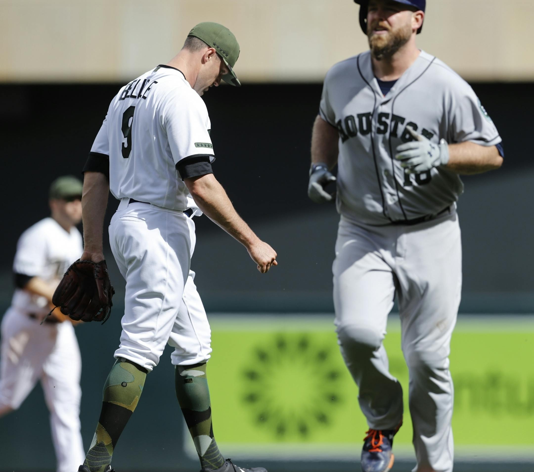 Relief pitcher Matt Belisle walked off the field after the eighth inning where Houston scored 11 runs at Target Field in Minneapolis, Minn. on Monday, May 29, 2017.
