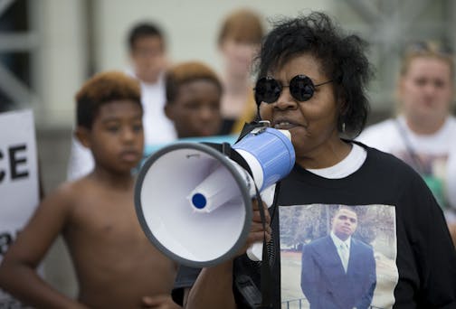 Jeanette Blevins, Thurman's aunt, spoke at the protest about his good character and thanked all who attended the gathering Sunday. ] ALEX KORMANN &#x2022; alex.kormann@startribune.com A small group of protestors blocked off the street in front of the fourth precinct police station in Minneapolis on Sunday. The group called for the arrest of the police officers involved in the death of Thurman Blevins, a black man who was killed by police on June 23rd. Among the protestors were members of Blevins