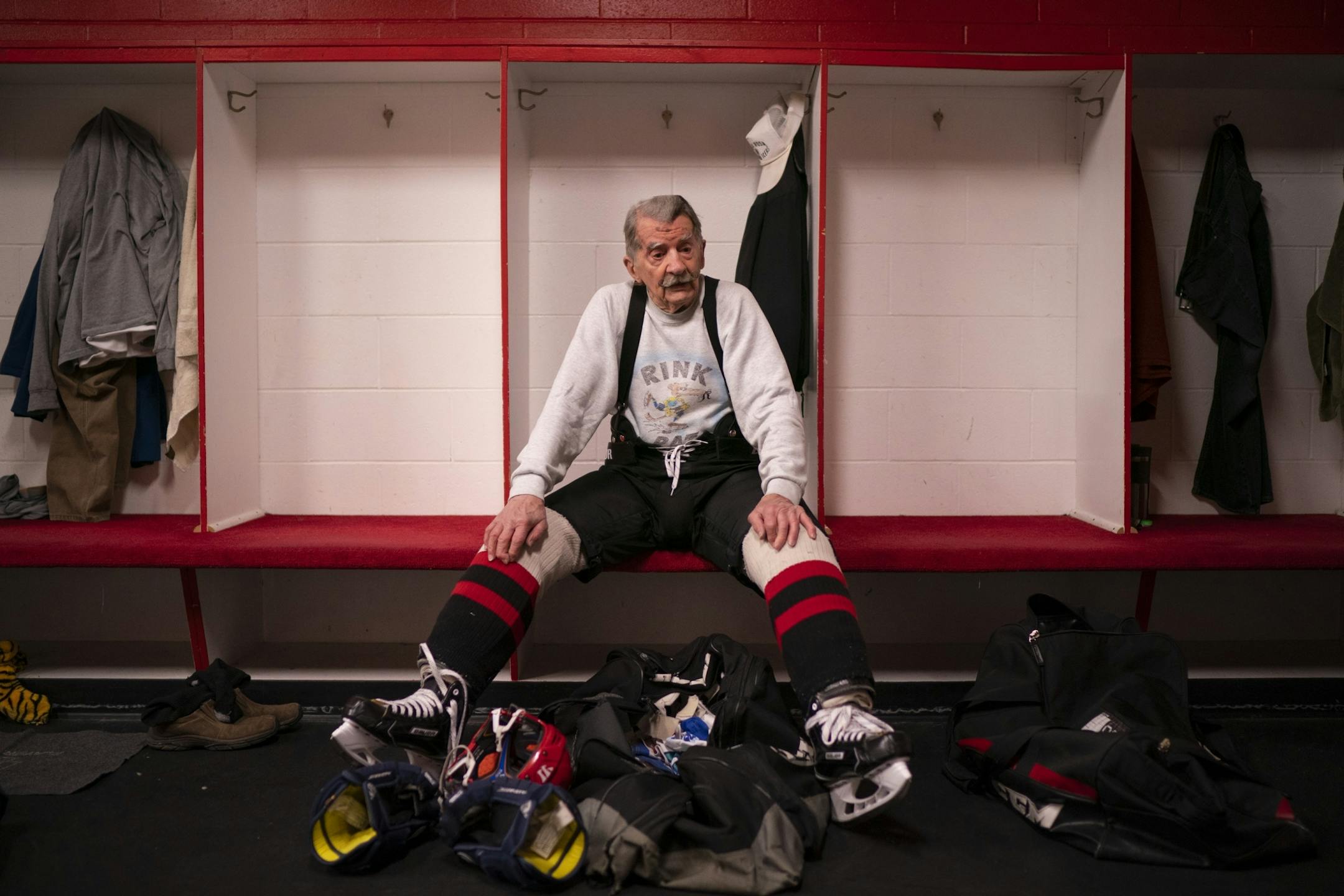 Mark Sertich paused while taking his gear off in the locker room after he'd had enough playing time to suit him during a game Thursday morning with friends.