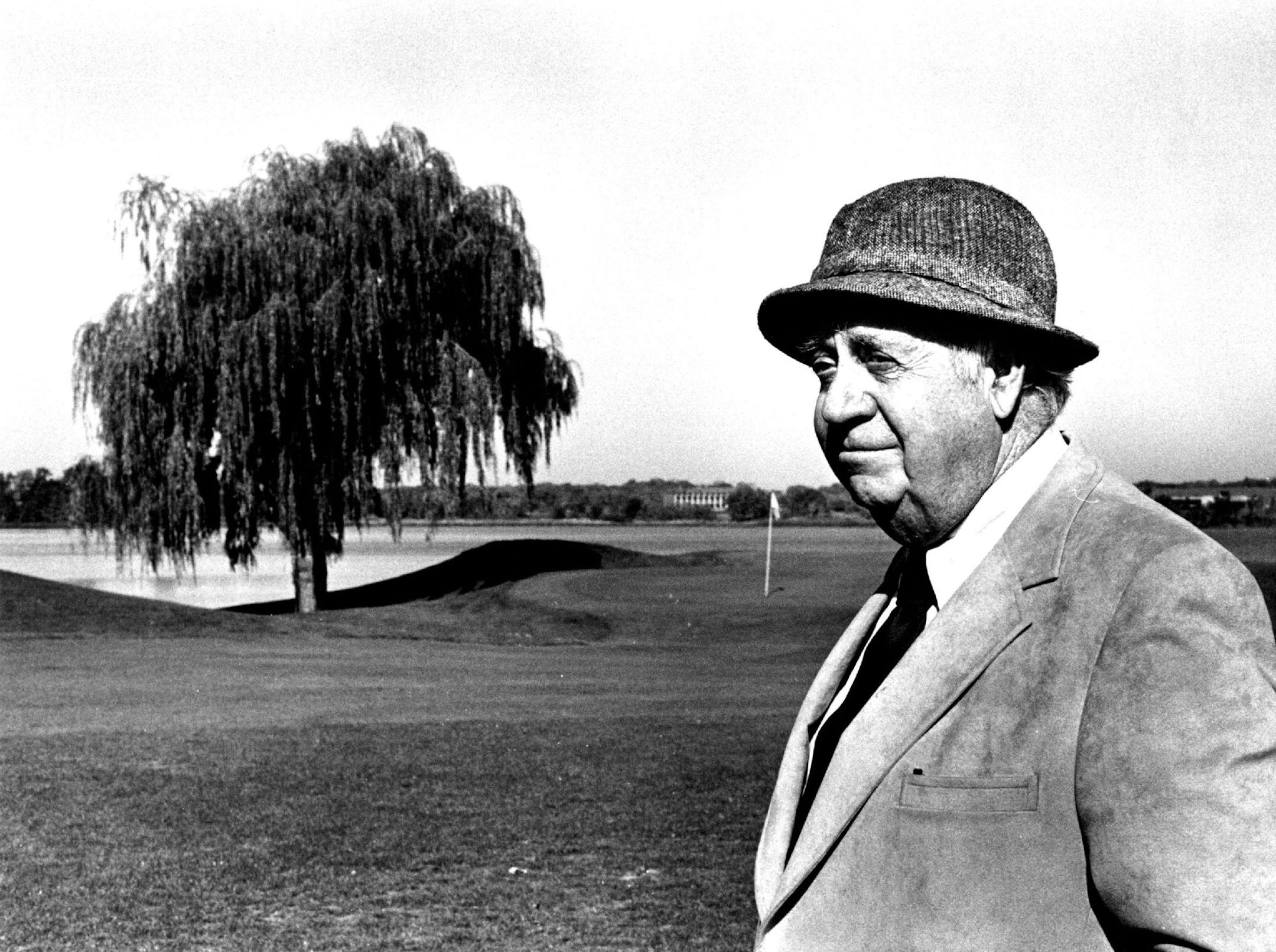 Robert Trent Jones looked approvingly over the new 16th hole at Hazeltine in mid-October 1982. Jones designed Hazeltine, driven by the dream of Totton Peavey Heffelfinger.