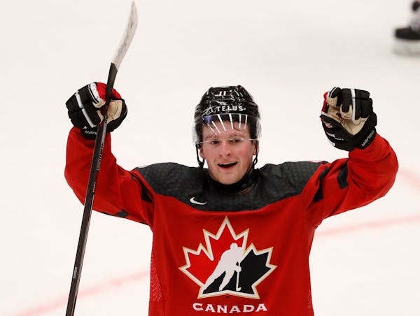 Canada's Alexis Lafreniere celebrates his sides first goal during the U20 Ice Hockey Worlds match between Canada and the United States in Ostrava, Cze