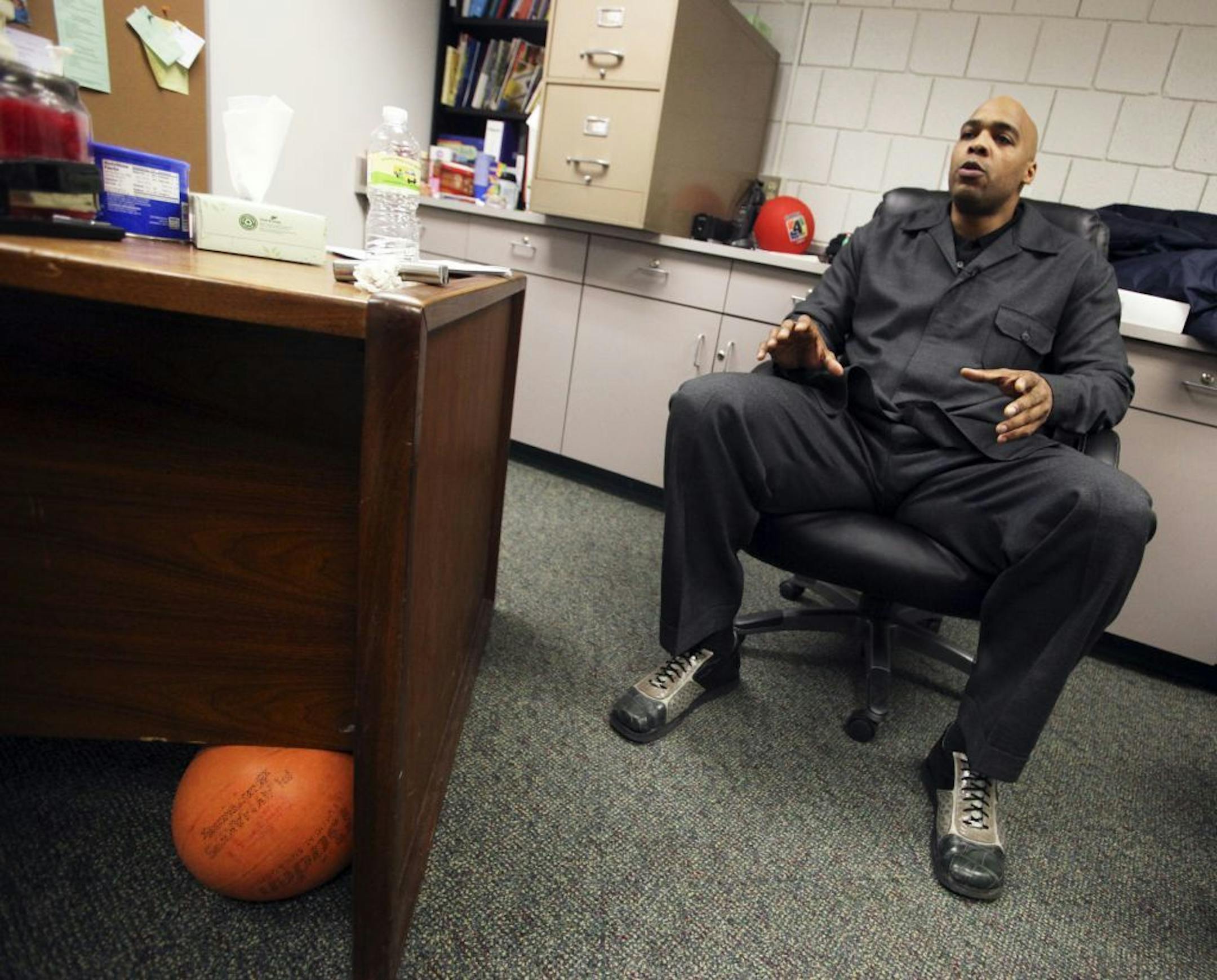 Former NBA player Gary Trent talked about his position at the school as well as his life growing up in Columbus OH, in his office at Daytons Bluff Elementary School Wednesday, Feb. 6, 2013, in St. Paul, MN.