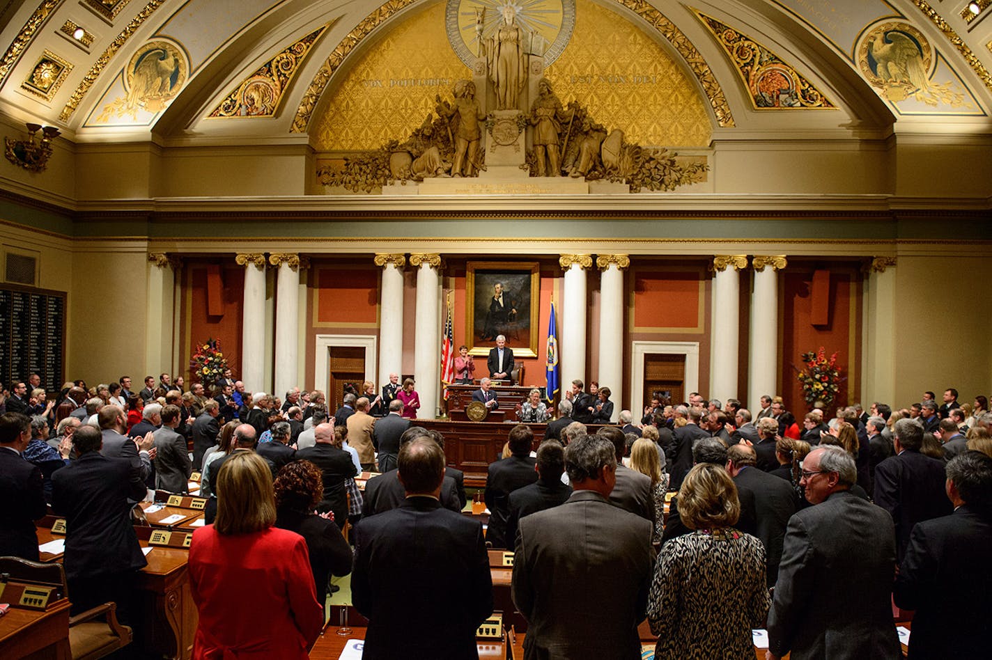 Governor Mark Dayton honored Lt. Governor Yvonne Prettner Solon who received a standing ovation as he delivered his state of the state address from the House Chamber Wednesday night. ] Wednesday, April 30, 2014 GLEN STUBBE * gstubbe@startribune.com