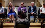 St. Paul mayoral candidates including, from left, Melvin Carter, Elizabeth Dickinson, Tom Goldstein, Pat Harris and Dai Thao, answered a question aske