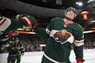 Minnesota Wild left wing Kevin Fiala (22) celebrated his first goal of the season during the second period agains the St. Louis Blues. ] Aaron Lavinsk