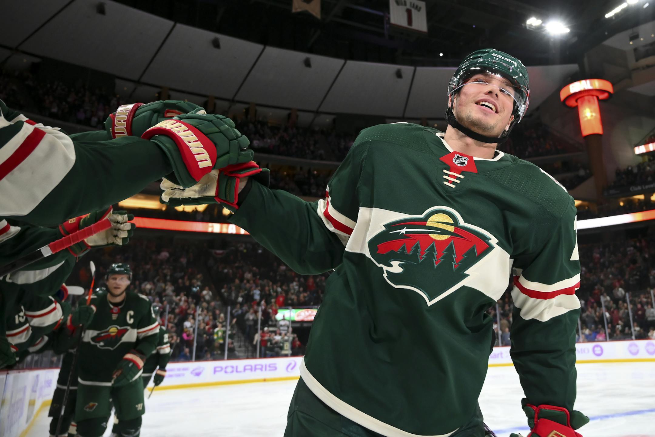 Minnesota Wild left wing Kevin Fiala (22) celebrated his first goal of the season during the second period agains the St. Louis Blues. ] Aaron Lavinsky • aaron.lavinsky@startribune.com The Minnesota Wild played the St. Louis Blues on Saturday, Nov. 2, 2019 at the Xcel Energy Center in St. Paul, Minn.