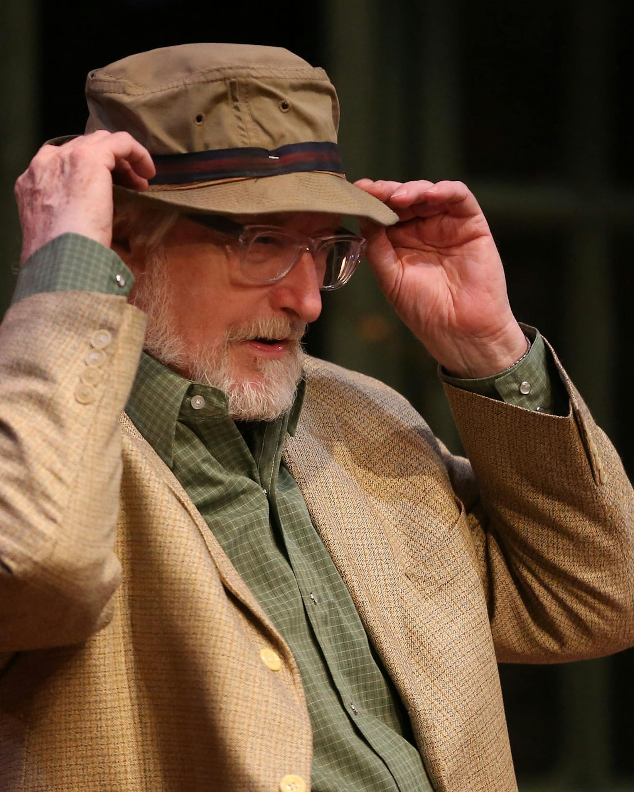 Bain Boehlke put on his fishing hat as he played around on stage a before the beginning of dress rehearsal. ] (KYNDELL HARKNESS/STAR TRIBUNE) kyndell.harkness@startribune.com Dress rehearsal for On Golden Pond at the Jungle Theater in Minneapolis Min., Friday, October 31, 2014.