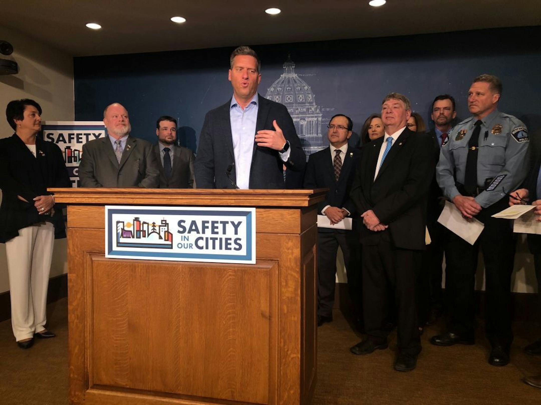 Minnesota House Minority Leader Kurt Daudt and other Republicans announce a slate of bills during a news conference on Monday, Feb. 17, 2020, at the state Capitol in St. Paul that are aimed at reducing violent crime in Minneapolis and St. Paul and on the Metro Transit system.