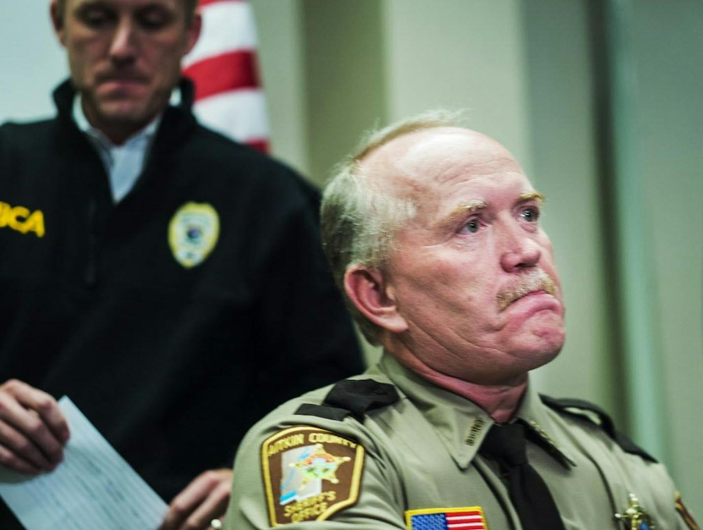 At St. Cloud police headquarters, Aitkin County Sheriff Scott Turner was visibly shaken as BCA Superintendent Drew Evans described the incident where Turner lost deputy Steven Sandberg in a shooting at the St. Cloud Hospital .